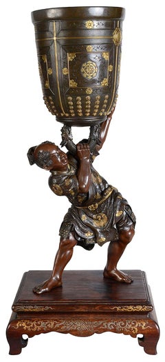 Large Japanese Miayo Bronze figure of Benkei holding a bell. 71cm