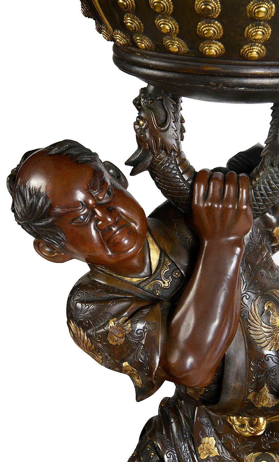 Large Japanese Miayo Bronze figure of Benkei holding a bell. 71cm In Good Condition For Sale In Brighton, Sussex