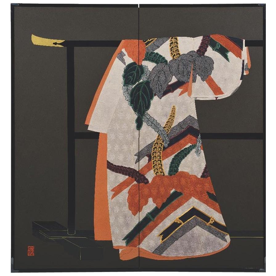 Japanese Contemporary Orange Black Hand-Crafted Silk Two Panel Folding Screen