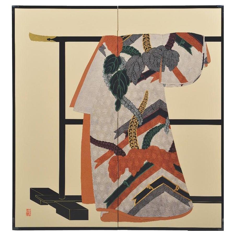 Großer japanischer orange-schwarzer Seidenbrokat-Faltwandschirm mit zwei Flügeln