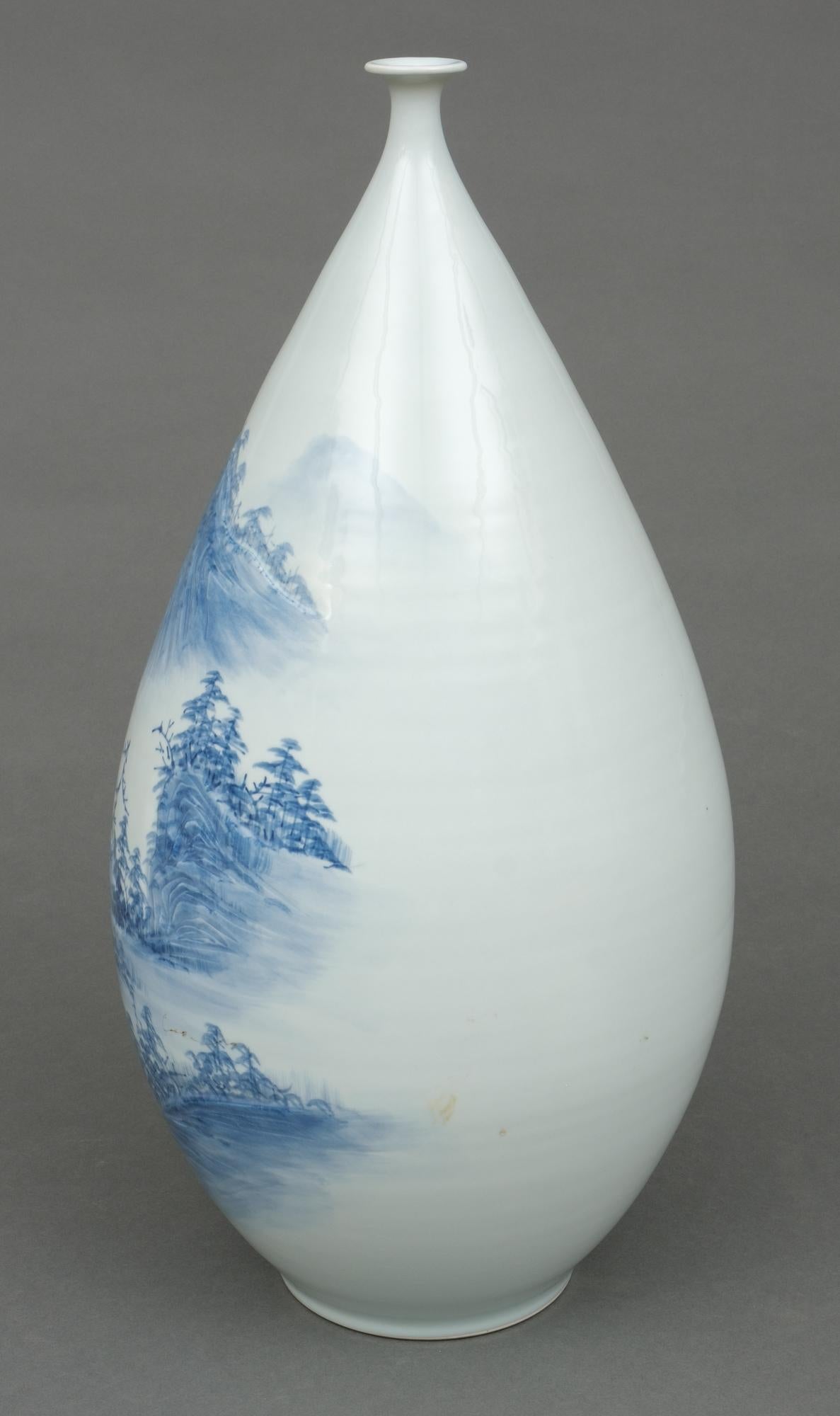 Molded Large Japanese Ovoid Porcelain Vase with Blue & White Landscape, by Shigan 芝岩 For Sale