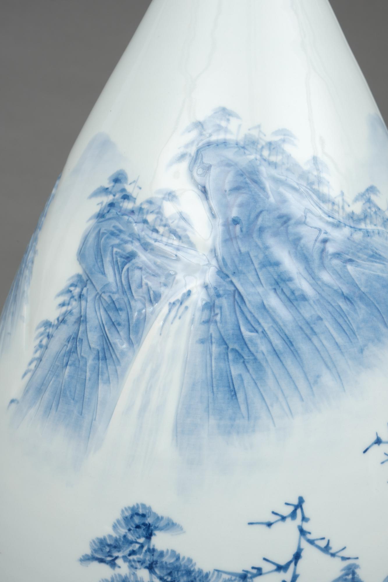 20th Century Large Japanese Ovoid Porcelain Vase with Blue & White Landscape, by Shigan 芝岩 For Sale