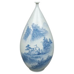 Used Large Japanese Ovoid Porcelain Vase with Blue & White Landscape, by Shigan 芝岩
