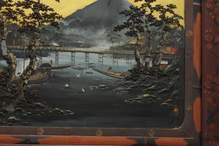 Large Japanese Painting witf Relief 'Mount Fuji' Antique Meiji, circa 1900 For Sale at 1stdibs