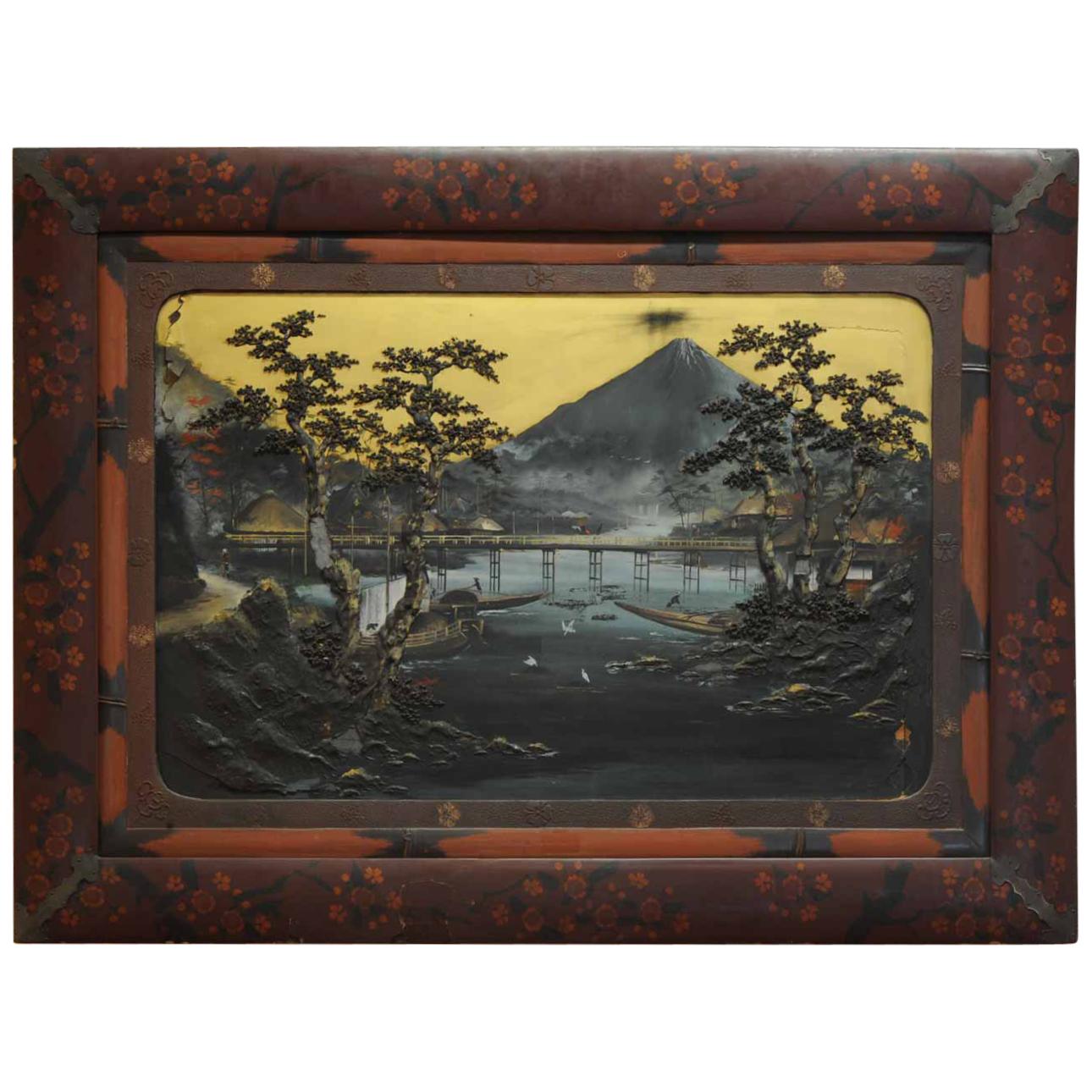 Large Japanese Painting witf Relief ‘Mount Fuji’ Antique Meiji, circa 1900