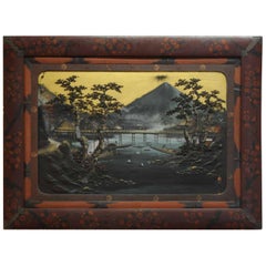 Grande peinture japonaise avec relief "Mont Fuji" Antiquité Meiji, circa 1900