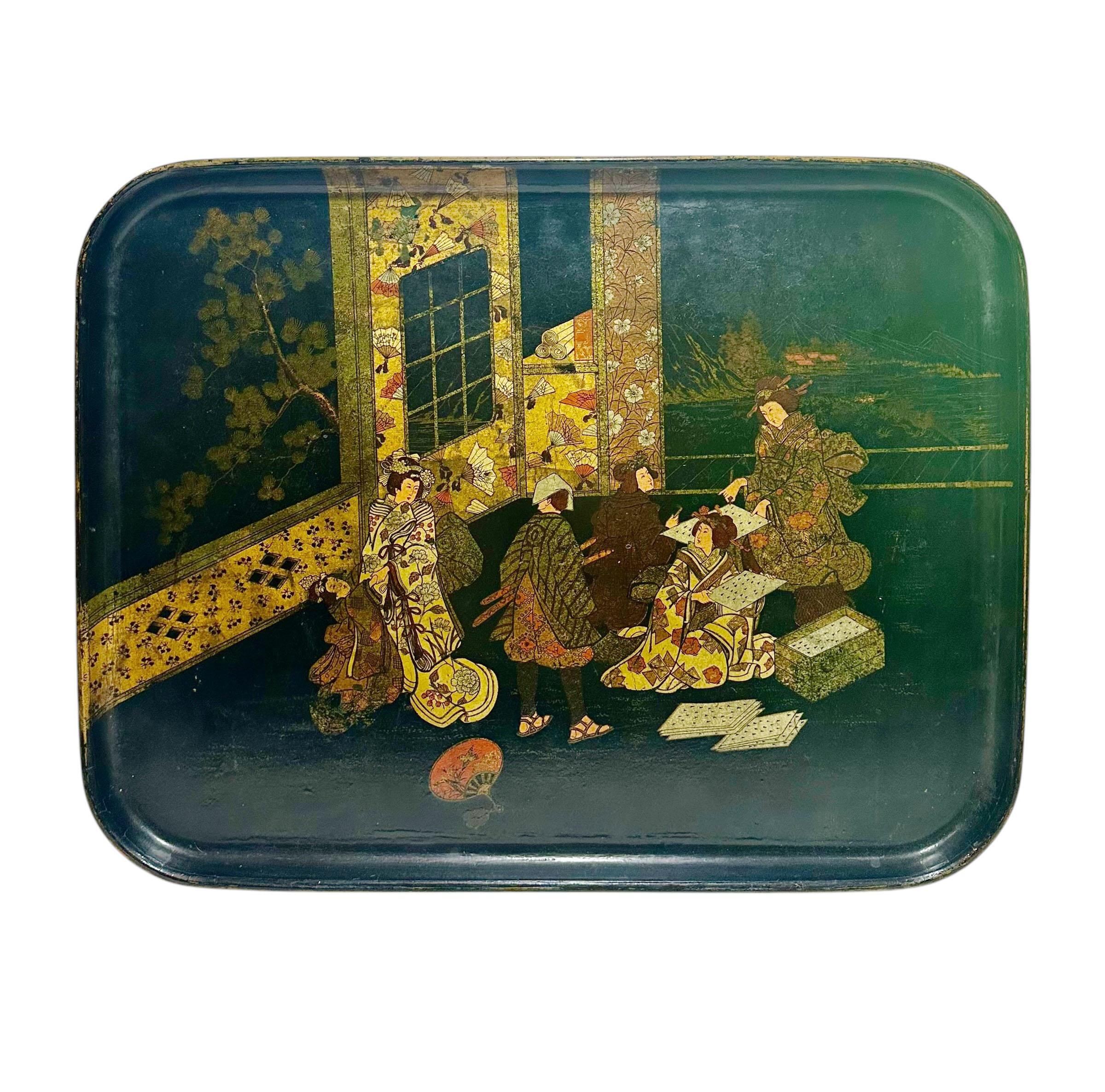 Gran Bandeja Japonesa de Papel Maché con Escena de Geishas Periodo Meiji principios del siglo XX en venta