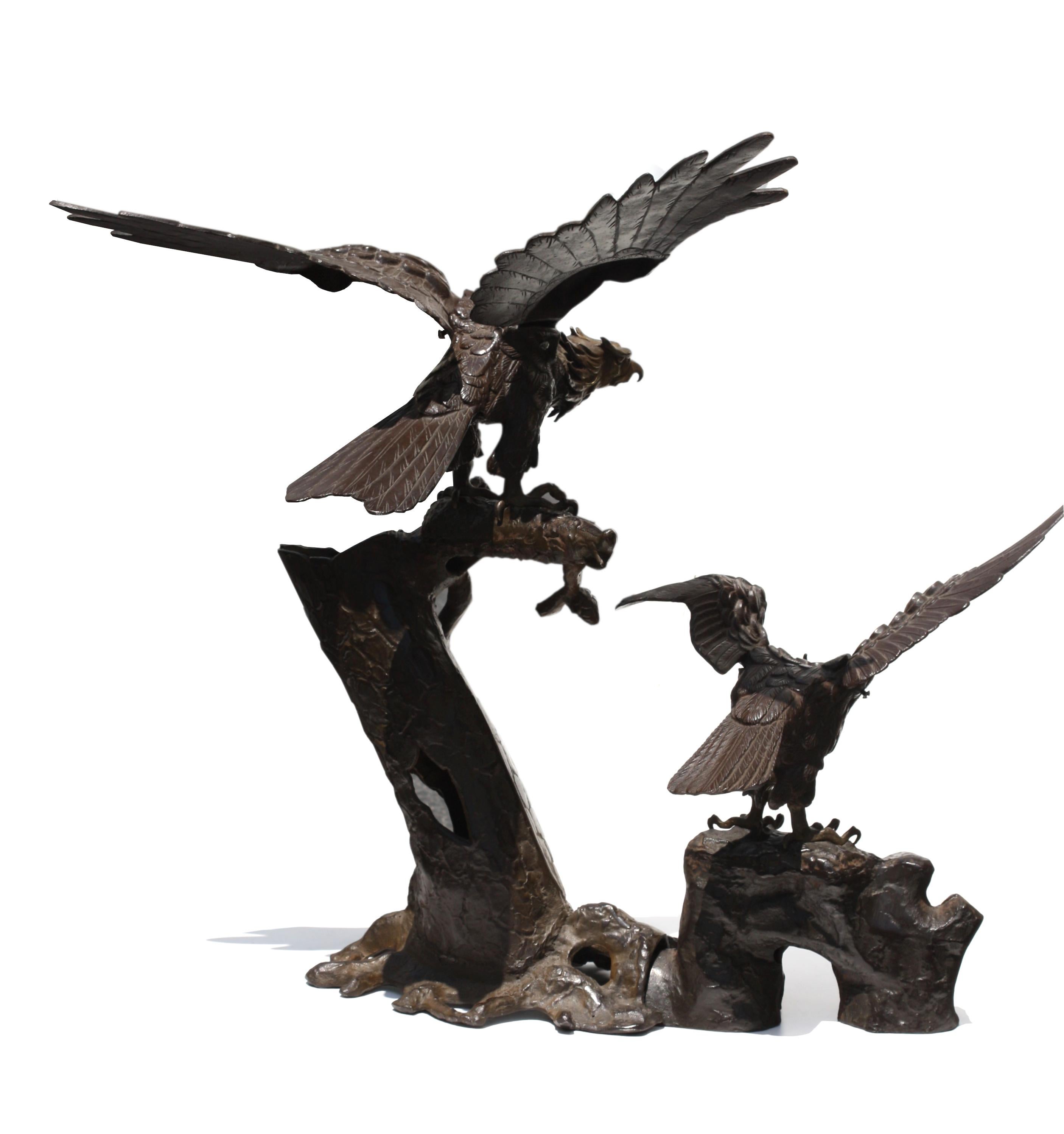 Large Japanese Patinated Bronze and Iron Eagle Sculpture Group In Good Condition For Sale In West Palm Beach, FL