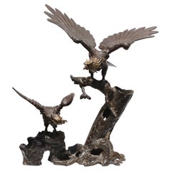 Vintage Large Japanese Patinated Bronze and Iron Eagle Sculpture Group