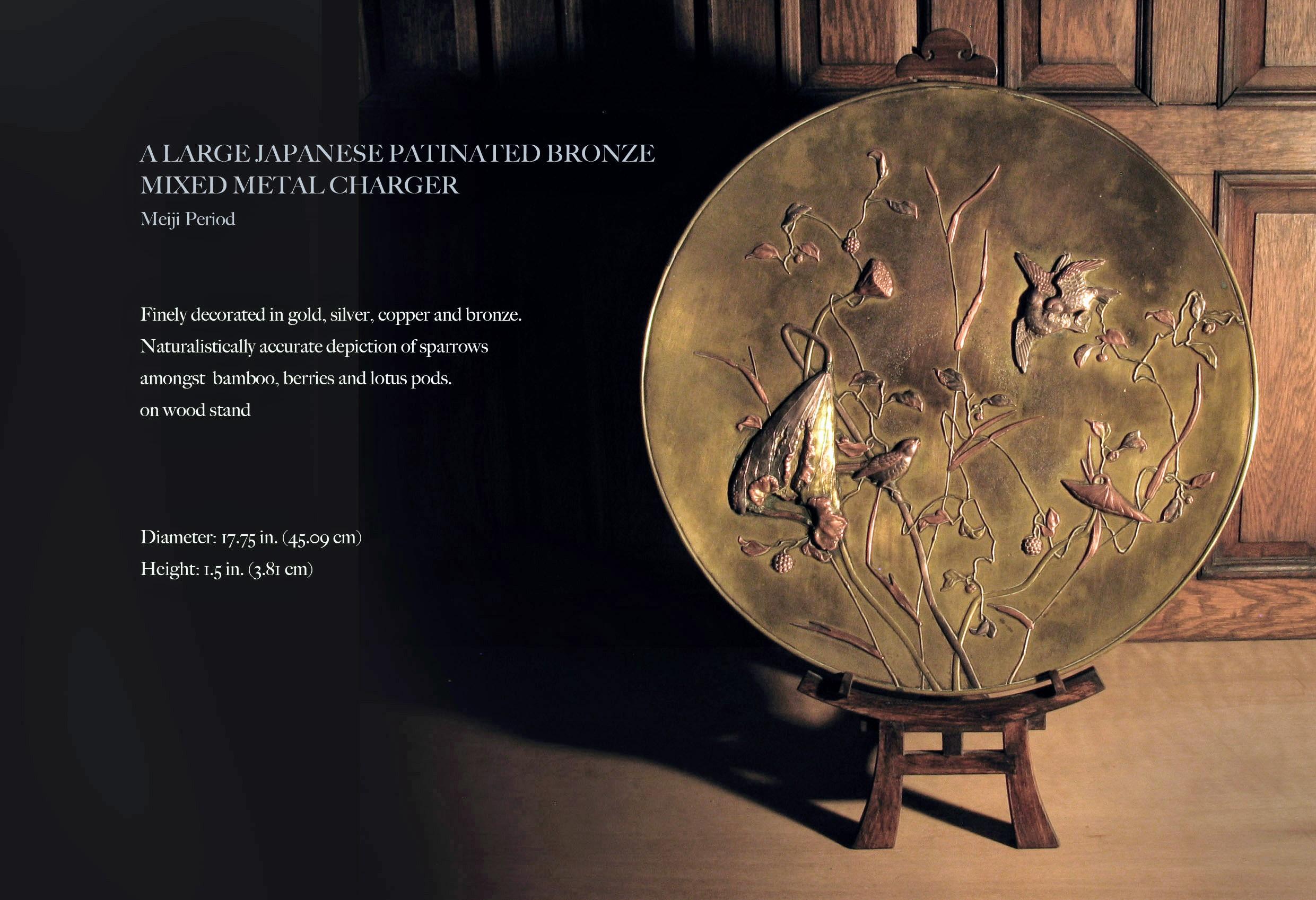 Large Japanese Patinated Bronze Mixed Metal Charger Meiji Period, circa 1880 For Sale 3
