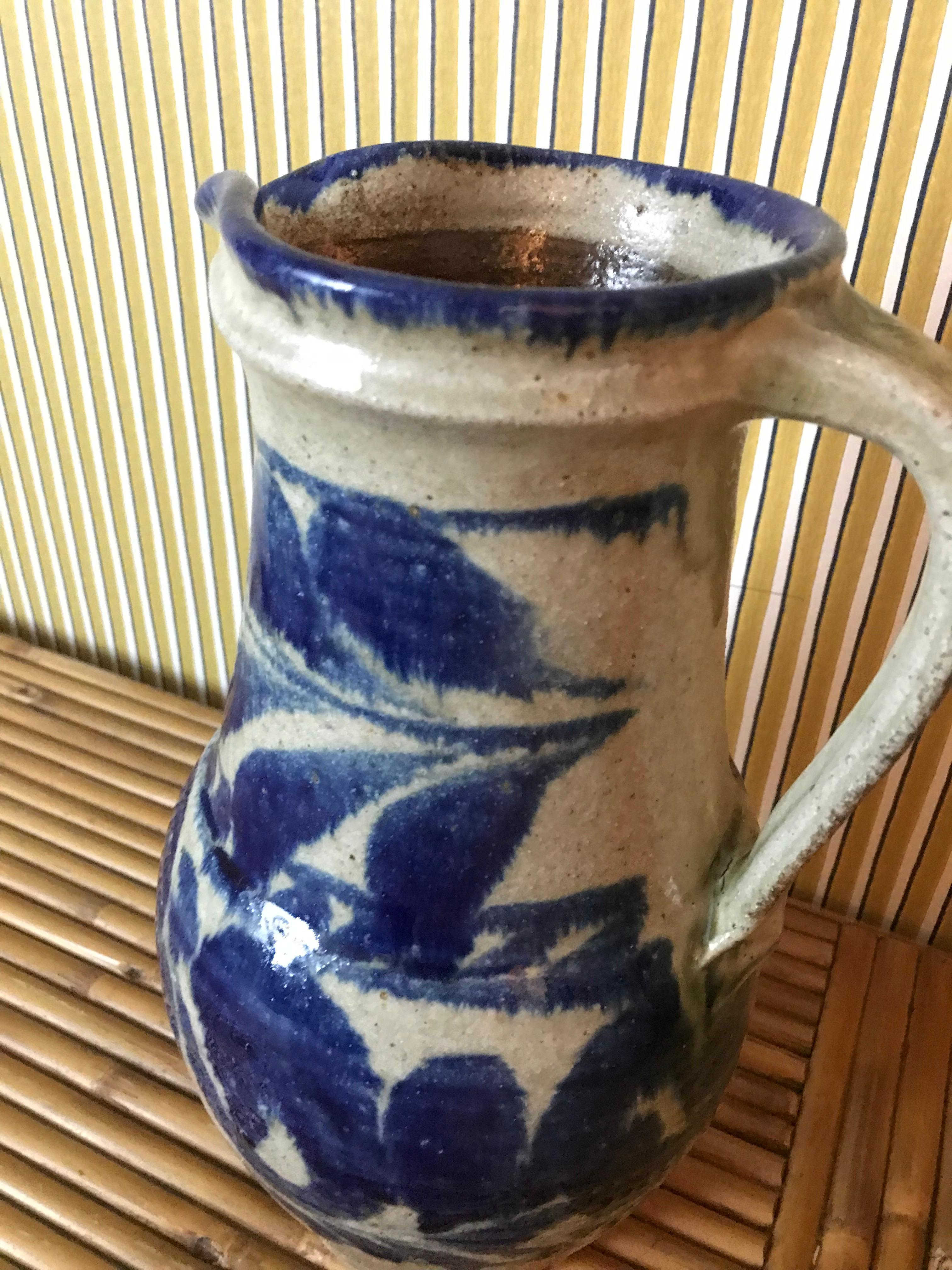 Contemporary Large Japanese Pitcher with Blue and White Foliage Decoration, Okinawa