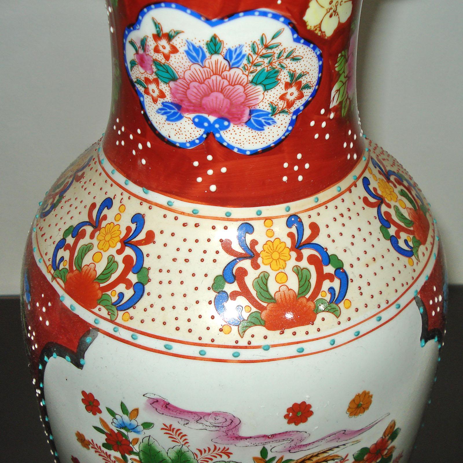 Large Japanese Porcelain Vase, Decor of Flowers and Birds, Circa 1940s For Sale 5