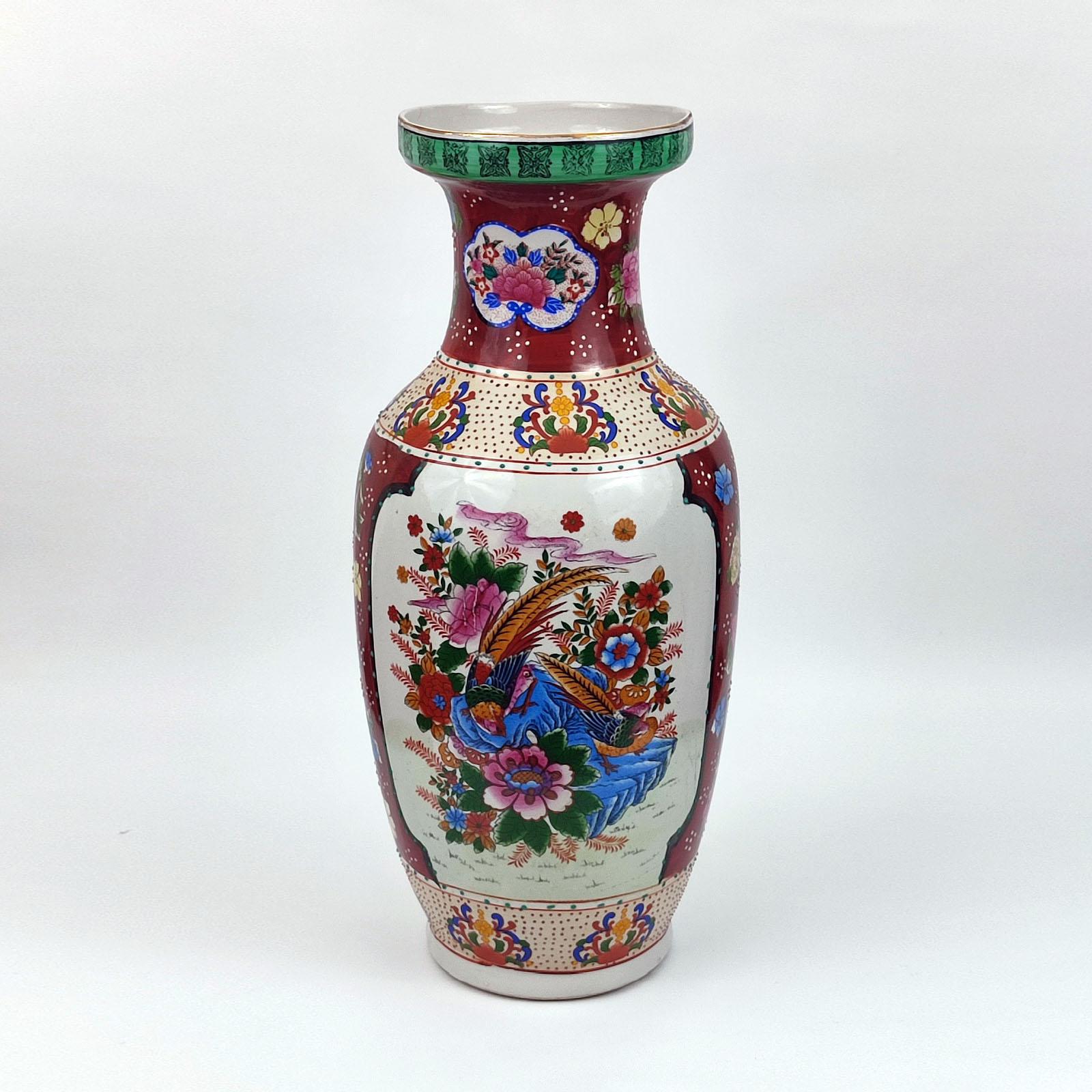 Mid-20th Century Large Japanese Porcelain Vase, Decor of Flowers and Birds, Circa 1940s For Sale