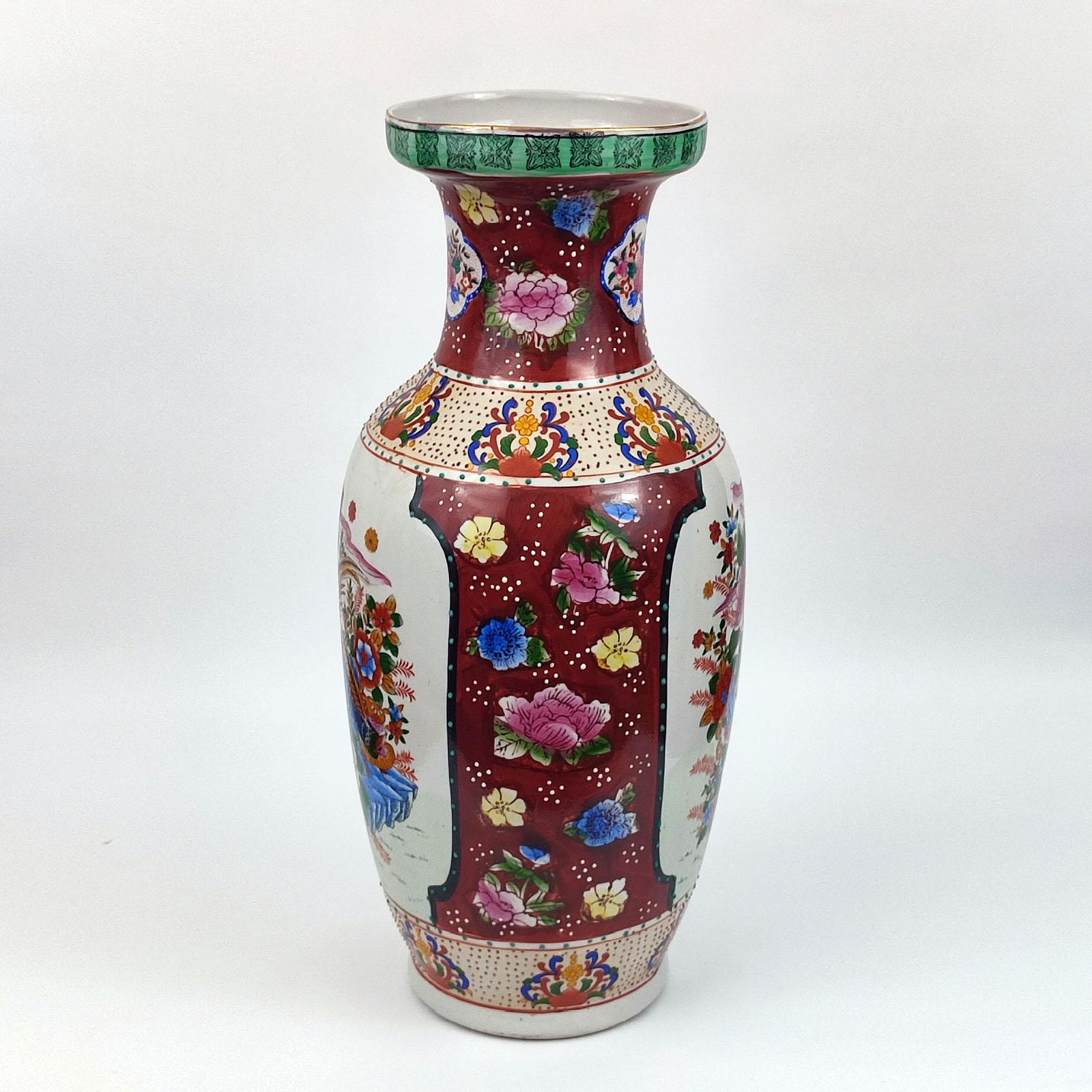 Large Japanese Porcelain Vase, Decor of Flowers and Birds, Circa 1940s For Sale 1
