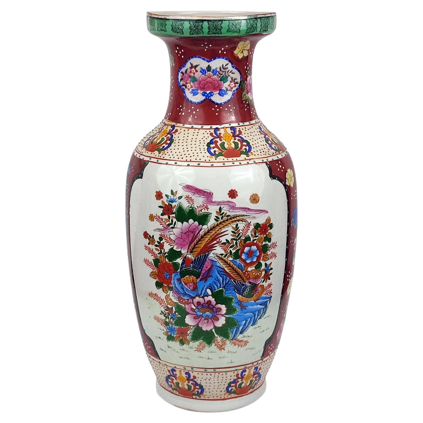 Large Japanese Porcelain Vase, Decor of Flowers and Birds, Circa 1940s For Sale