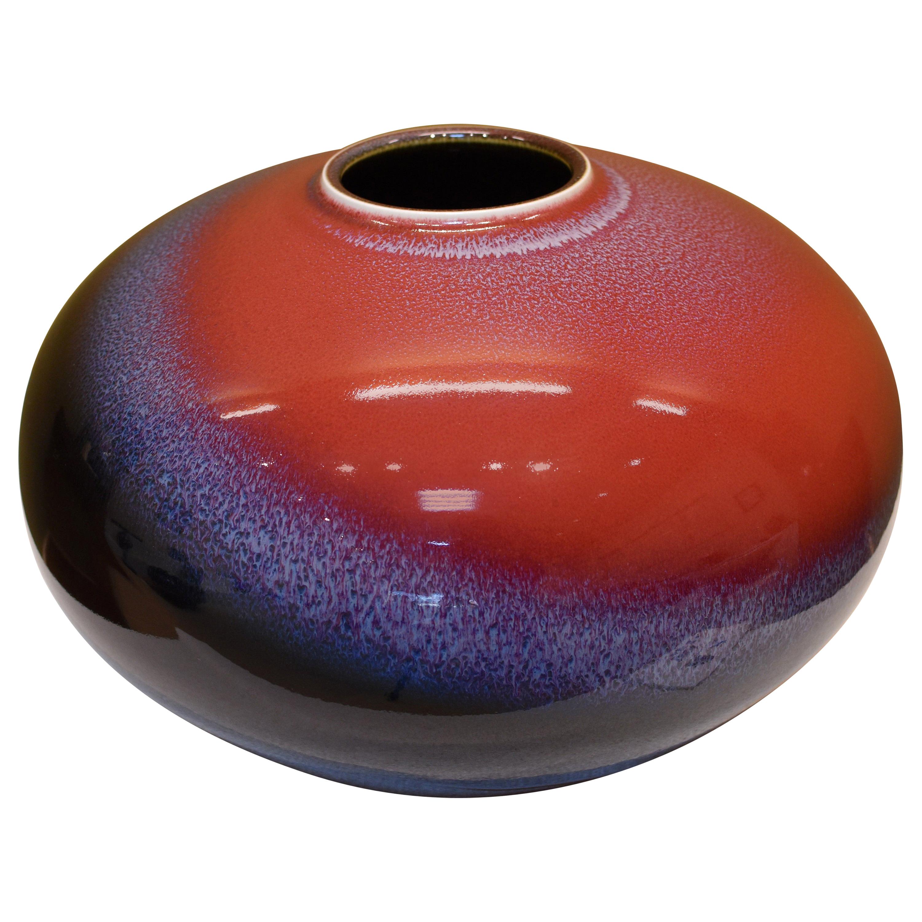 Japanese Red Black Blue Hand-Glazed Porcelain Vase by Master Artist For Sale