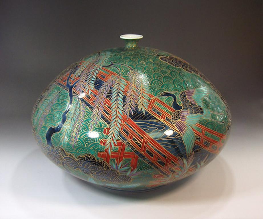 Hand-Painted Japanese Red Green Gold Porcelain Vase by Contemporary Master Artist For Sale