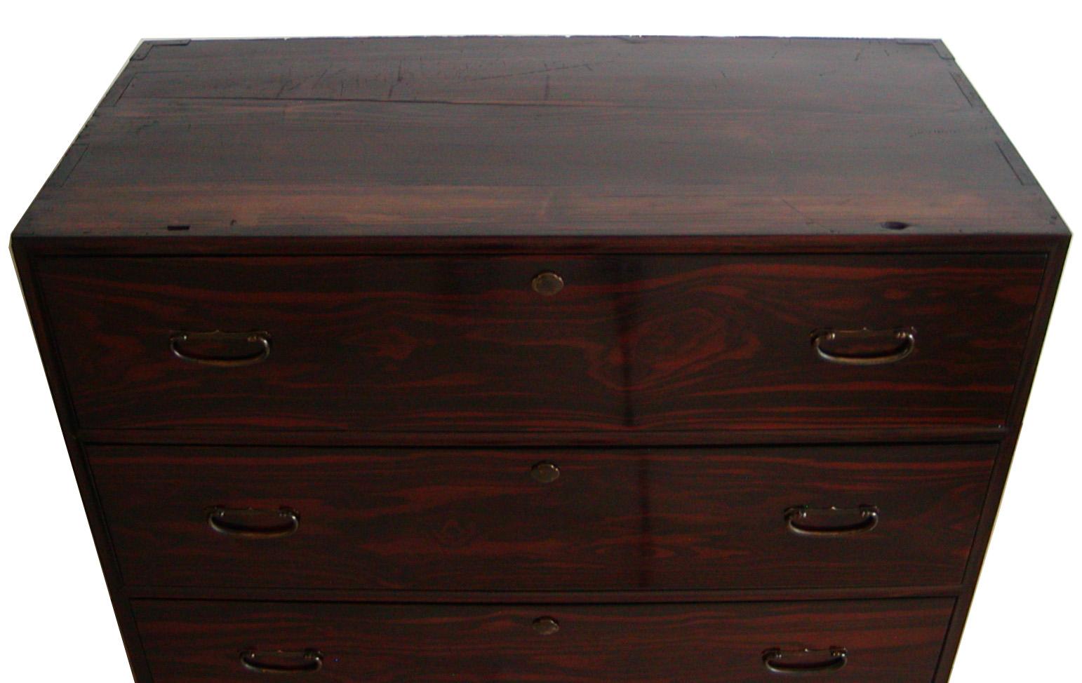 Veneer Large Japanese Rosewood Taisho 3-Section Tansu Clothing Storage Chest For Sale