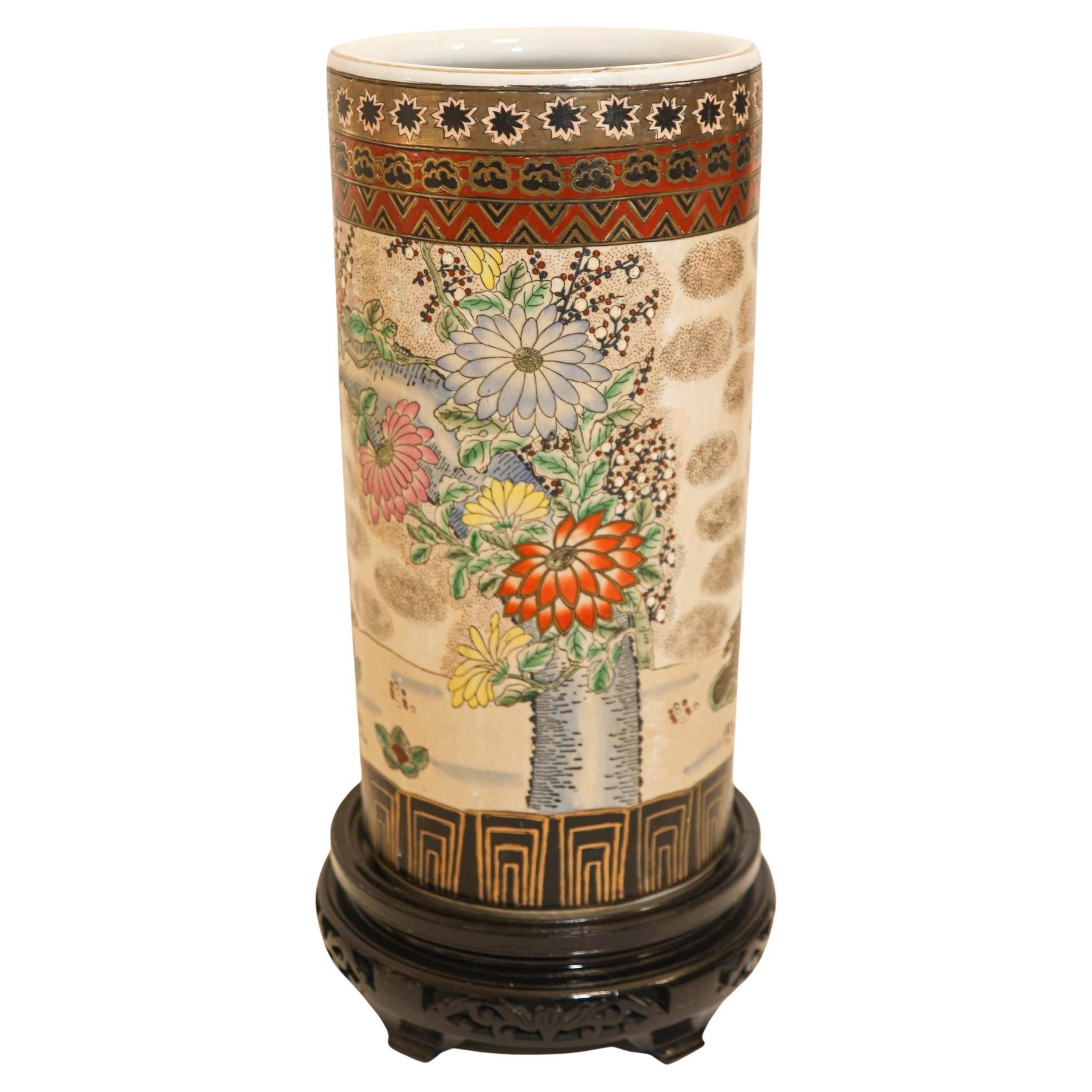 Large Japanese Satsuma Ceramic Floor Vase Umbrella Stand