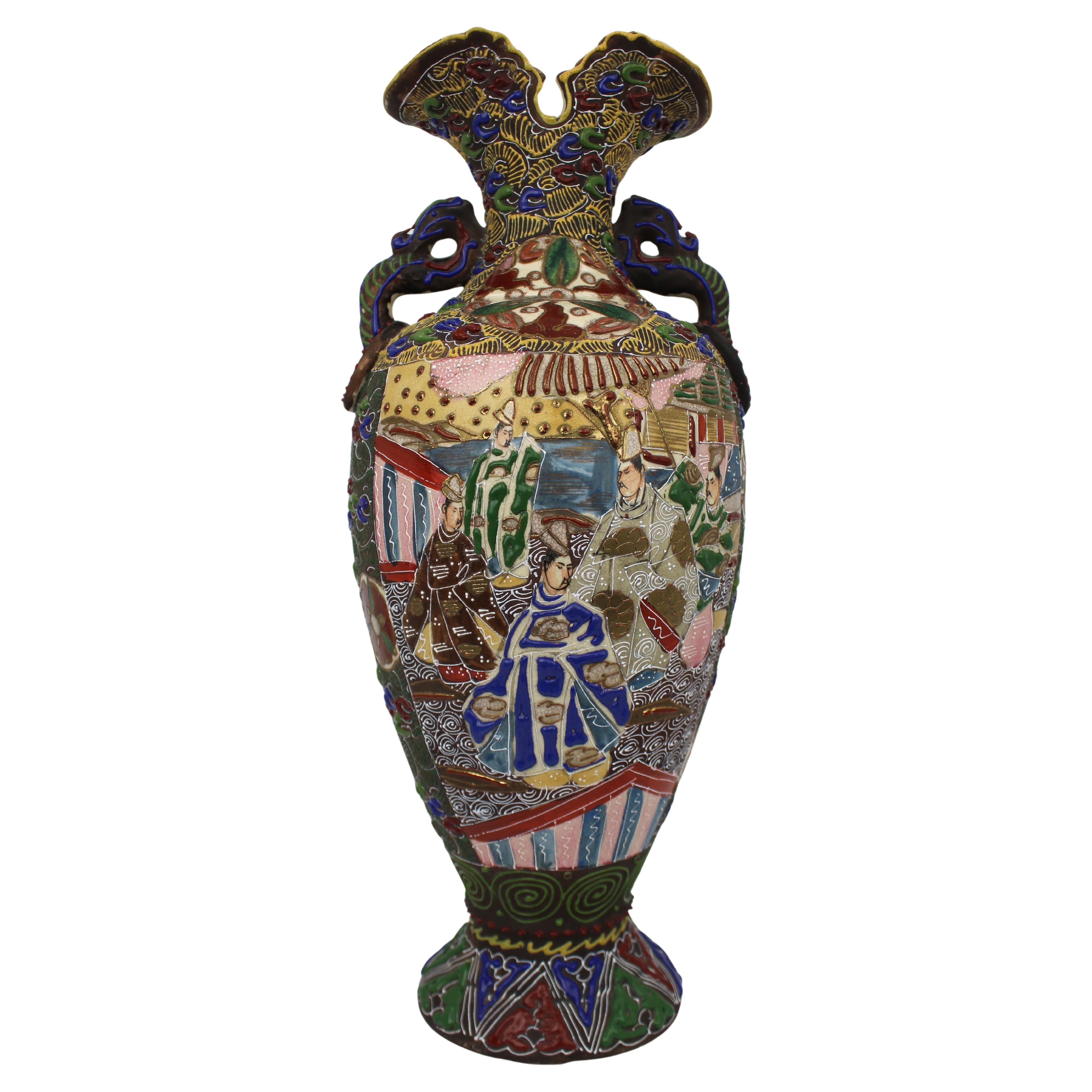 Large Japanese Satsuma Moriage Vase with Figural Decoration, circa 1890
