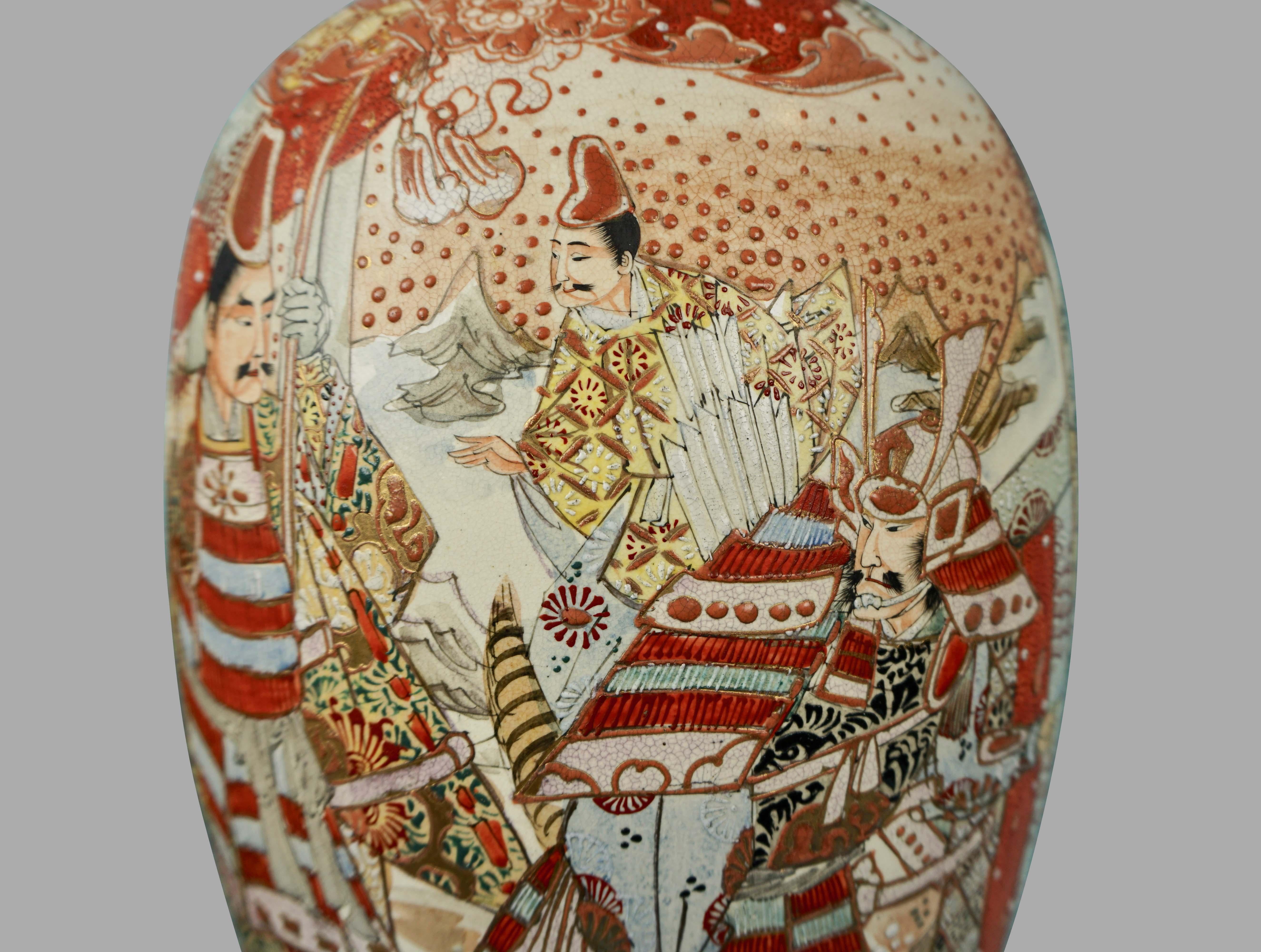Meiji Large Japanese Satsuma Vase Decorated Overall with Samurai Warriors in Landscape