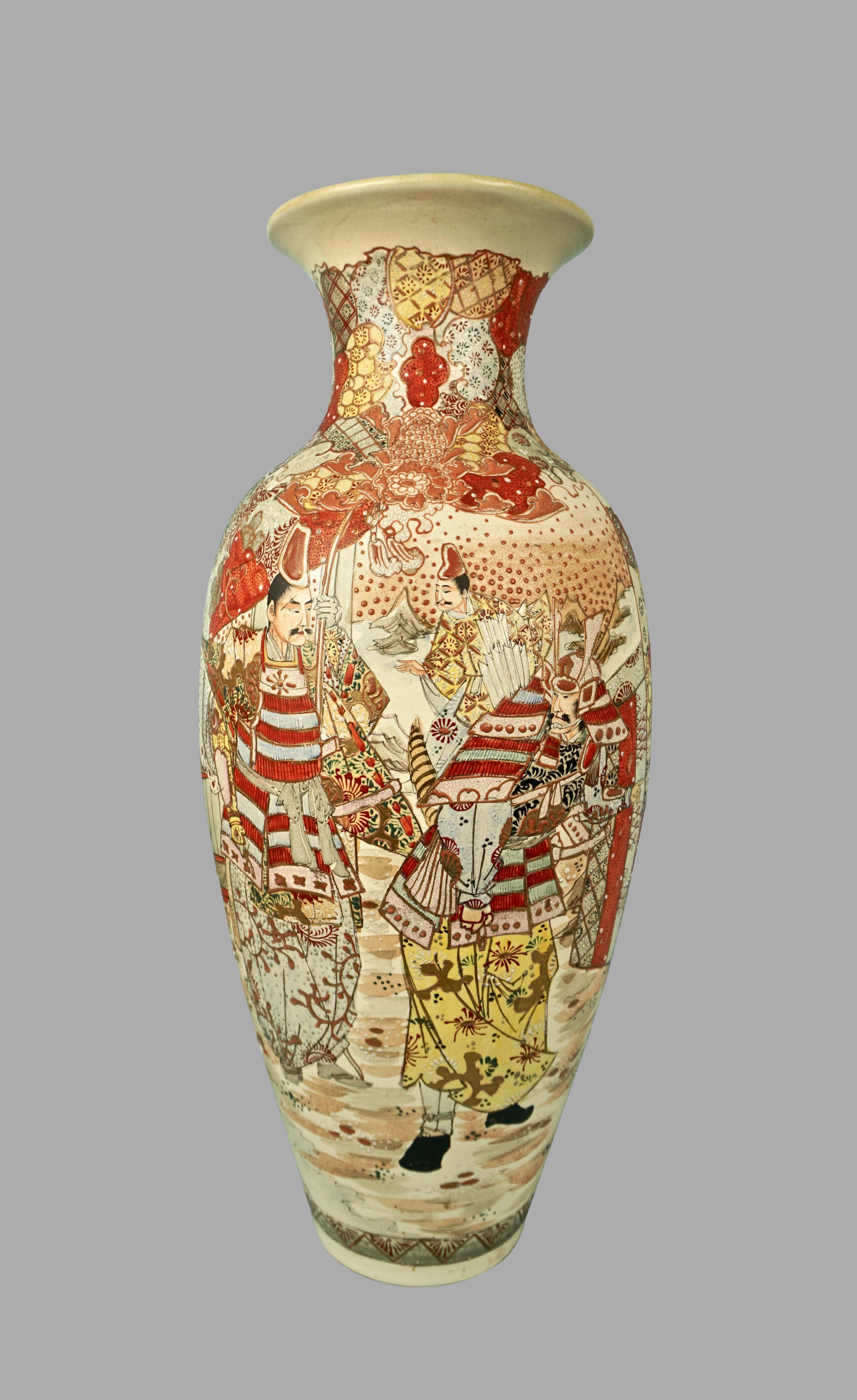Large Japanese Satsuma Vase Decorated Overall with Samurai Warriors in Landscape In Good Condition In San Francisco, CA