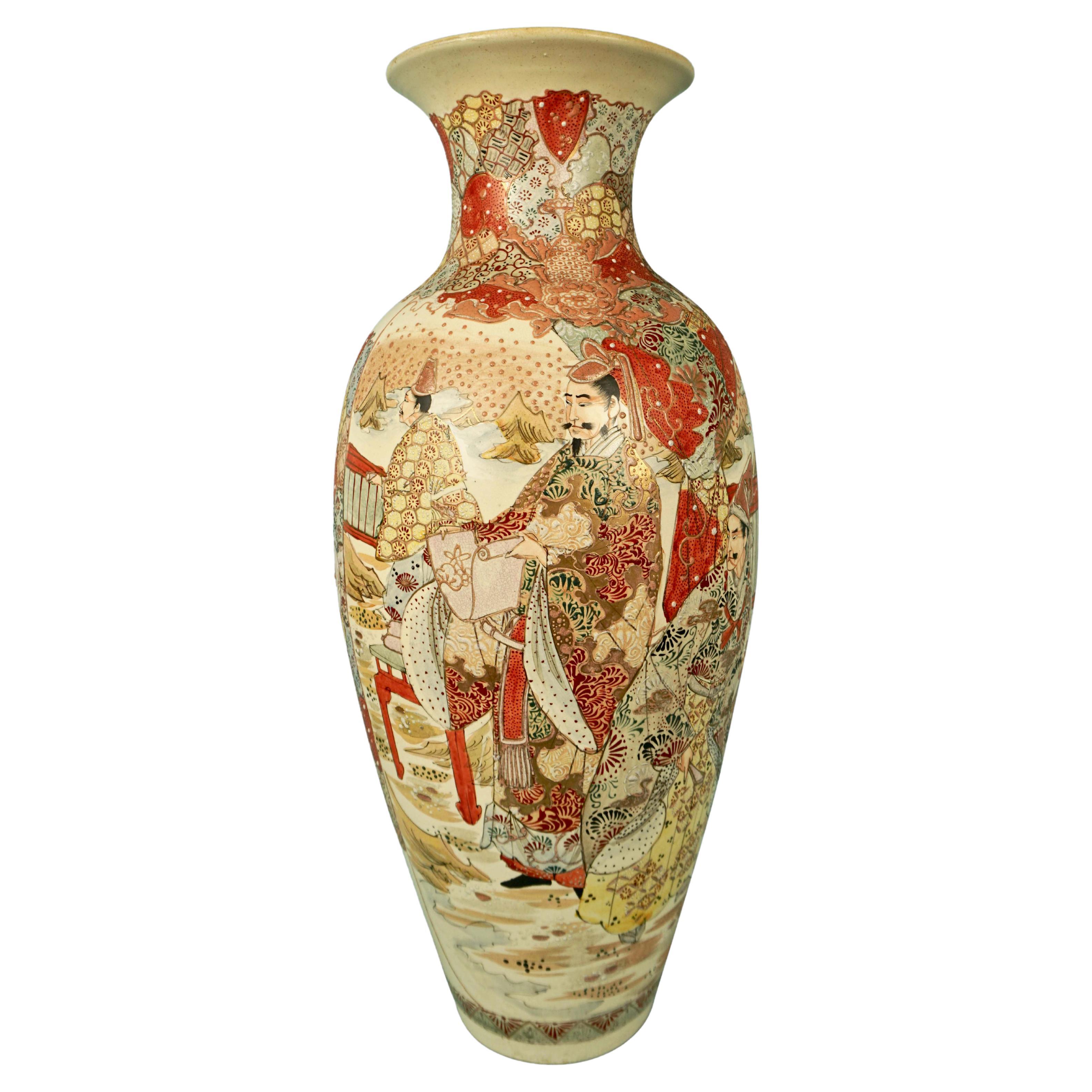 Large Japanese Satsuma Vase Decorated Overall with Samurai Warriors in Landscape