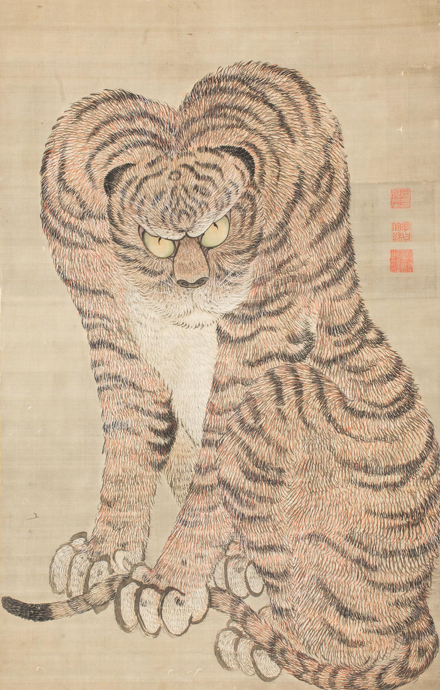 Wonderfully large and bold tiger painted in ink and mineral pigments on silk mounted with silk brocade border. Seal reads: Miyaguchi (alternative reading: Sonan Tomi-shi). Late Edo period (1614 - 1868) painting.
Overall dimensions: 86 1/2