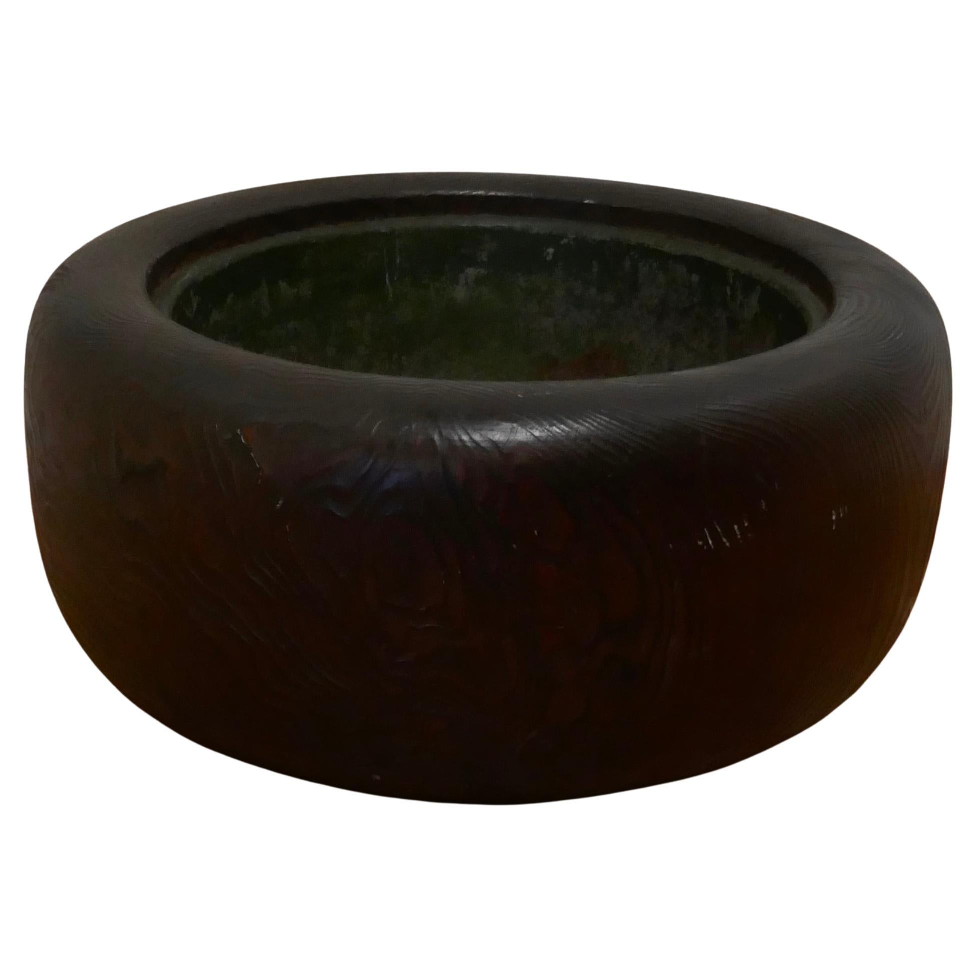 Large Japanese Sculptured Wood Brazier with Liner