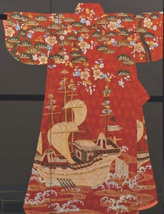 Large Japanese Silk Red Gilded Two-Panel Folding Screen