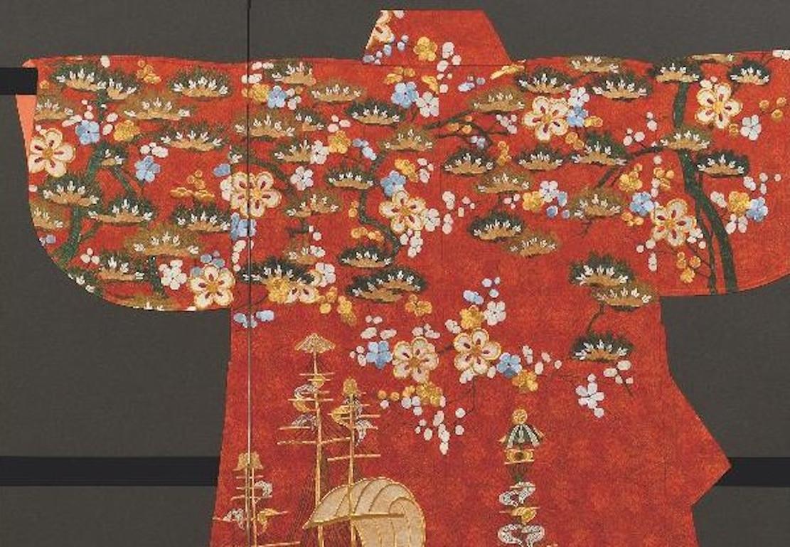 Needlework Large Japanese Silk Red Gilded Two-Panel Folding Screen For Sale