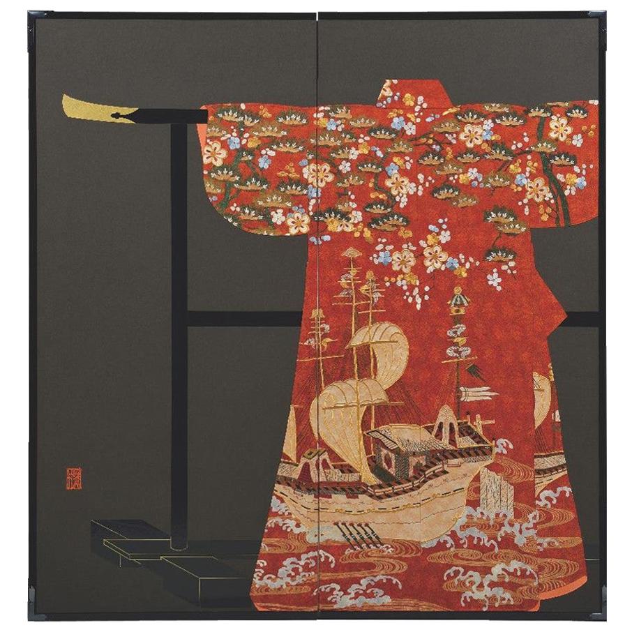 Große japanische Seide rot vergoldet Zwei-Panel-Faltwand