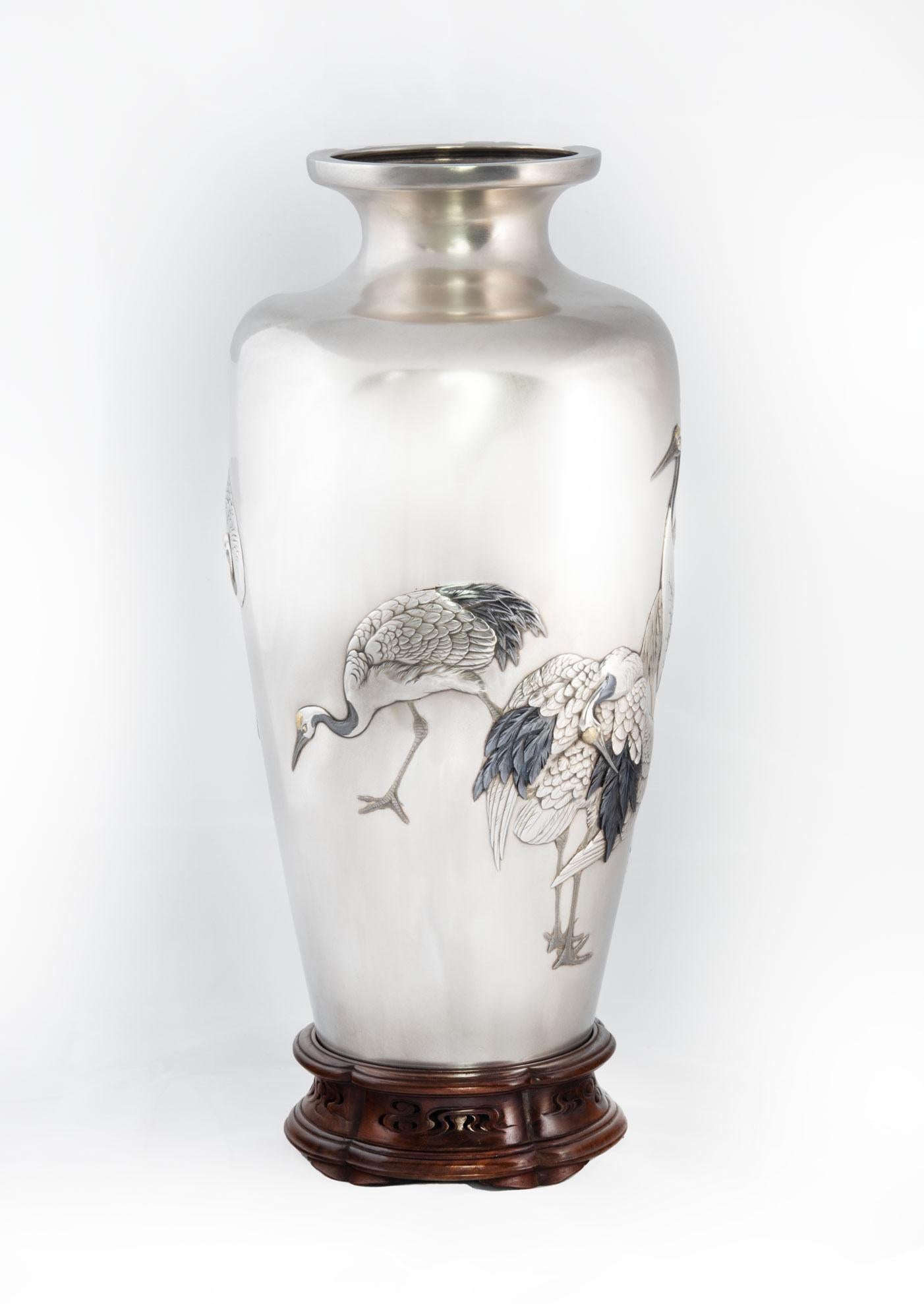 Meiji Large Japanese Silver and Mixed Metal Vase For Sale