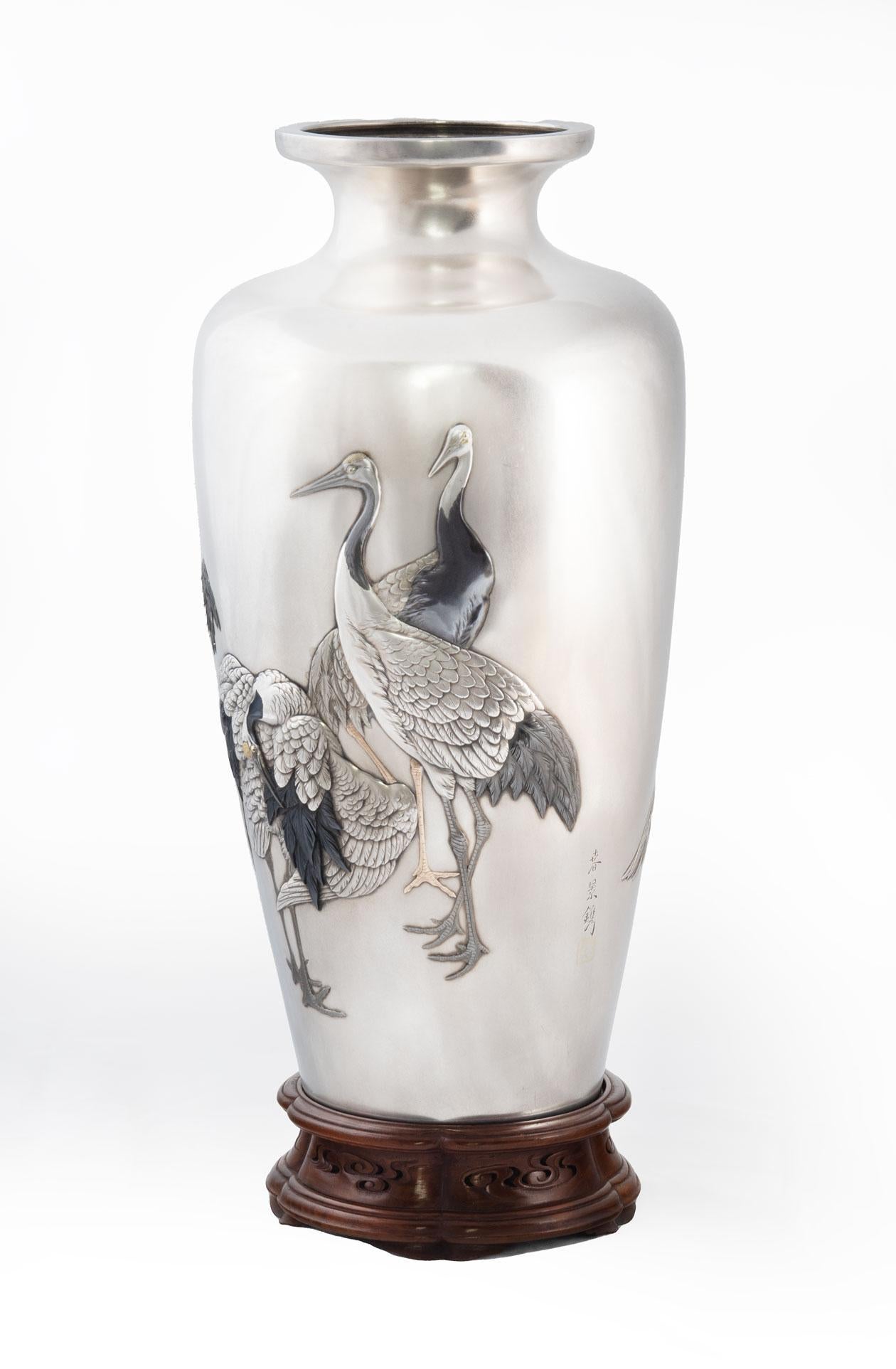Métal Grand vase japonais en argent et métal mélangé en vente