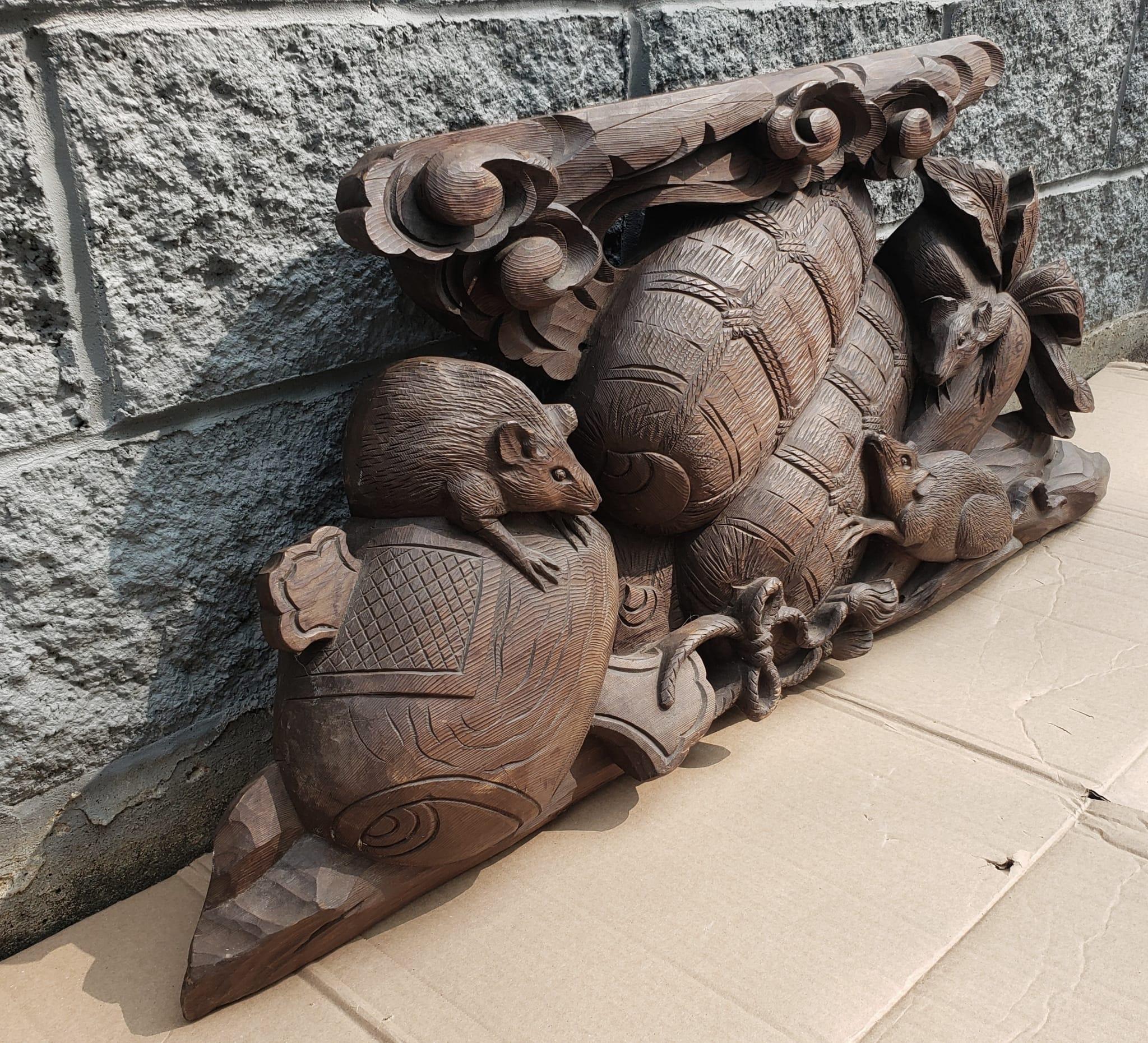 Large Japanese Stained Pine Rodents And Baskets Carving Scupture  In Good Condition In Germantown, MD