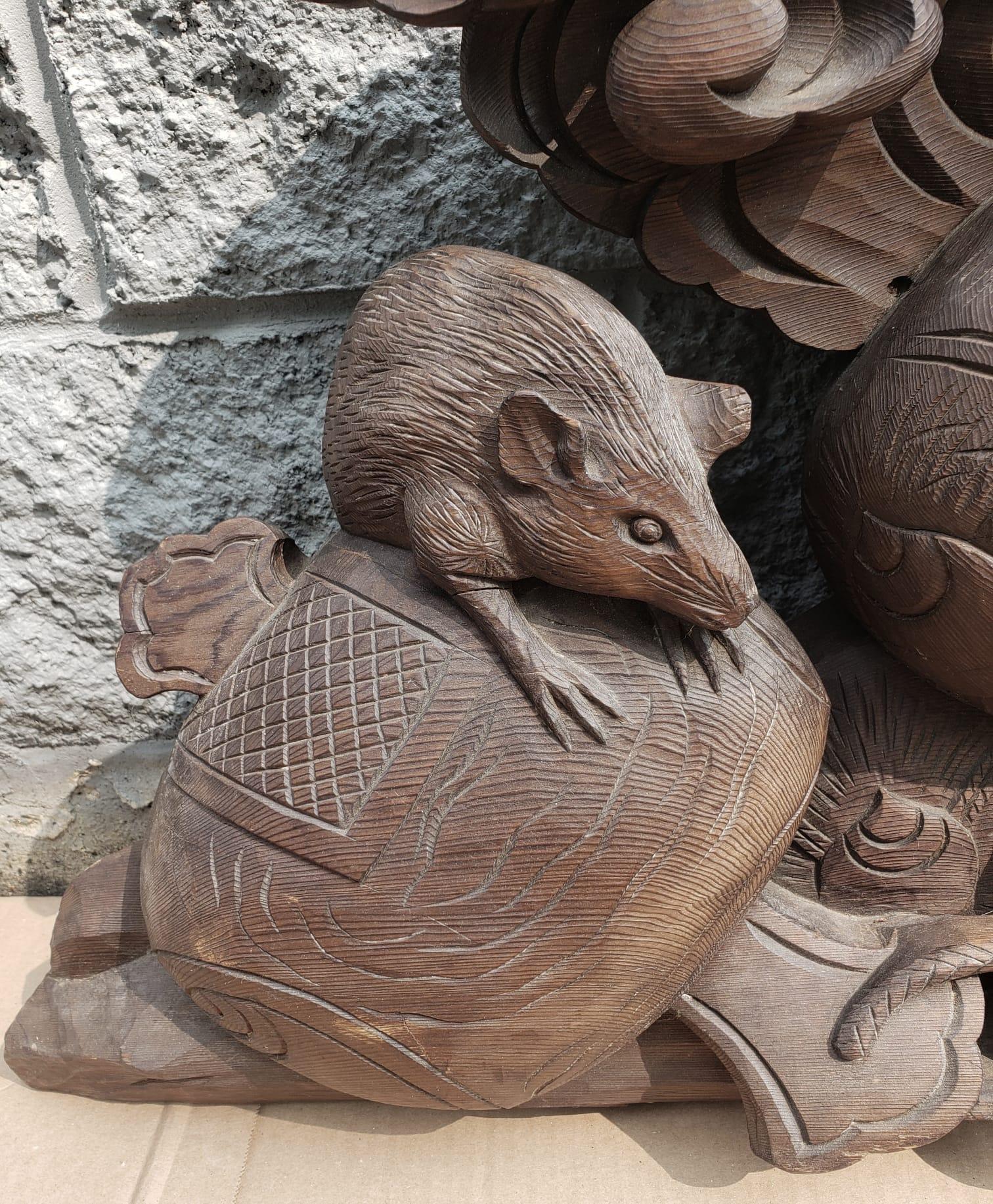 20th Century Large Japanese Stained Pine Rodents And Baskets Carving Scupture 