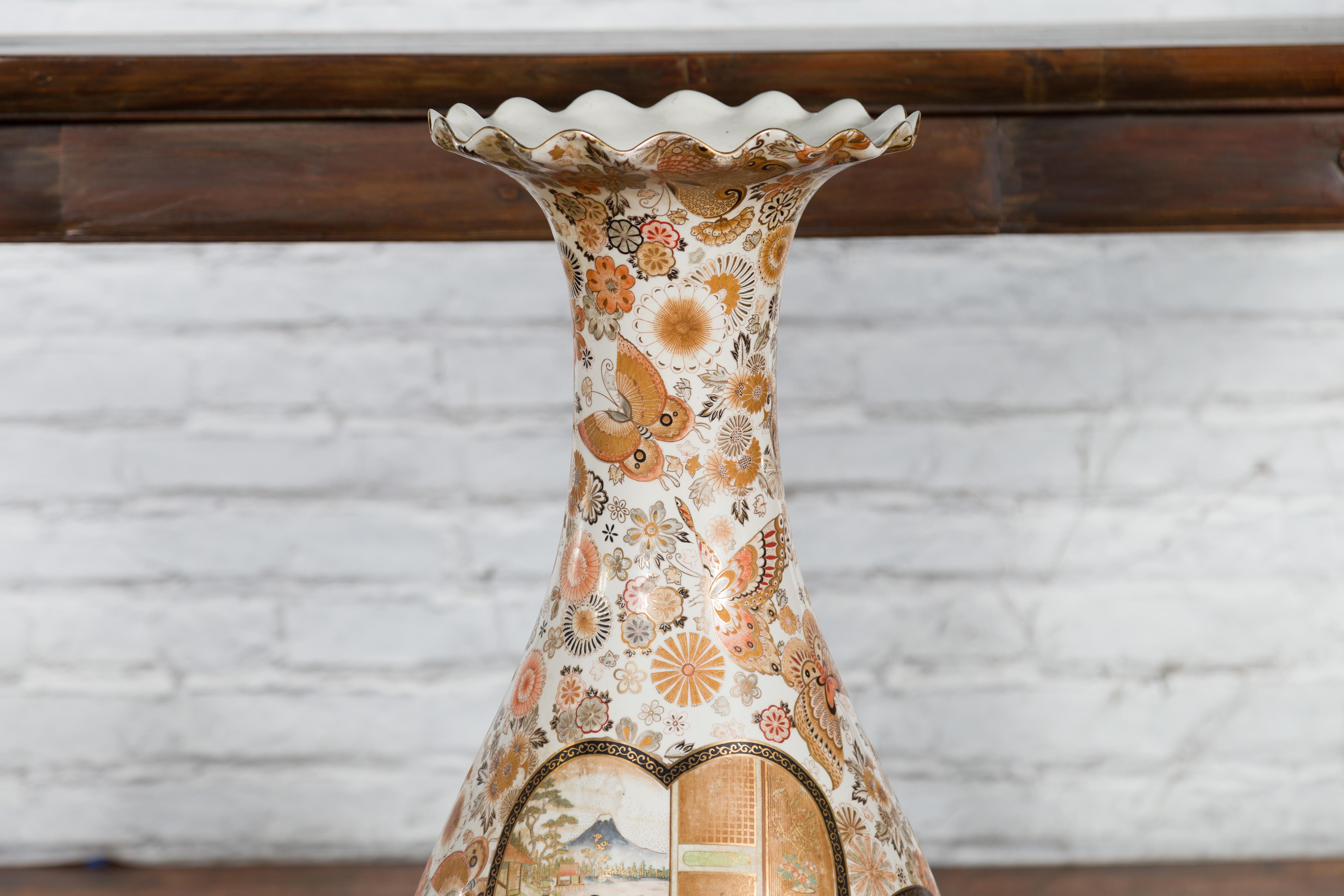 Porcelain Large Japanese Vintage Kutani Style Scalloped Palace Vase with Court Scenes For Sale
