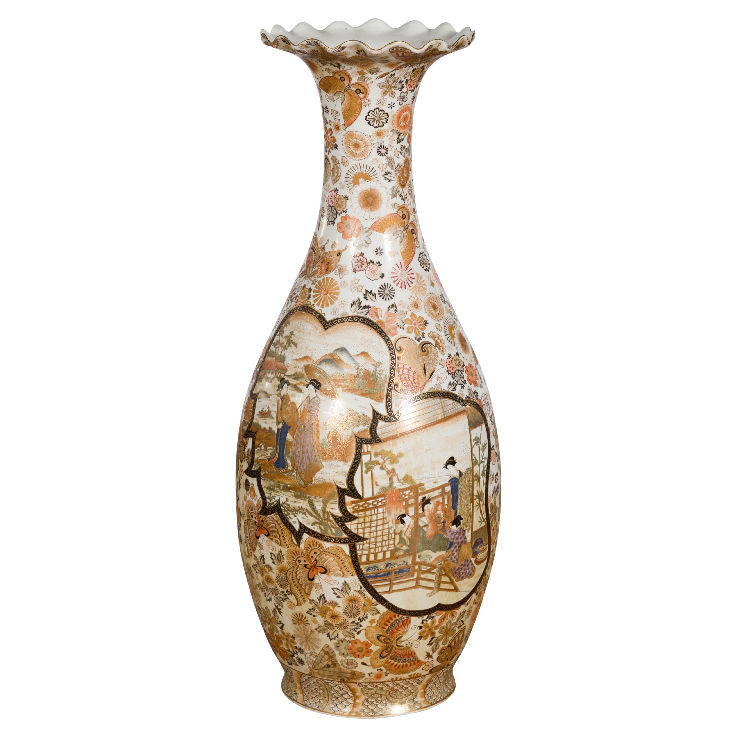 Large Japanese Vintage Kutani Style Scalloped Palace Vase with Court Scenes For Sale