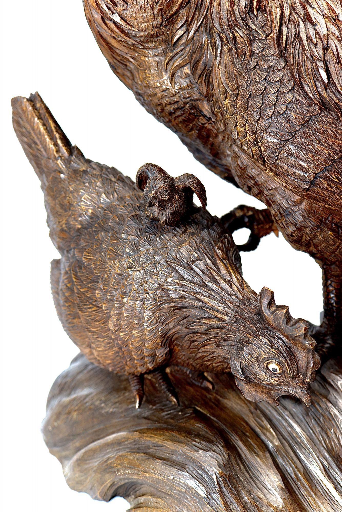 19th Cent Large Japanese Wood Okimono of a Bantam 'Rooster', Hen and Baby Chicks For Sale 4