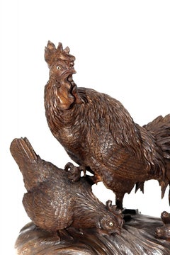 19th Cent Large Japanese Wood Okimono of a Bantam 'Rooster', Hen and Baby Chicks