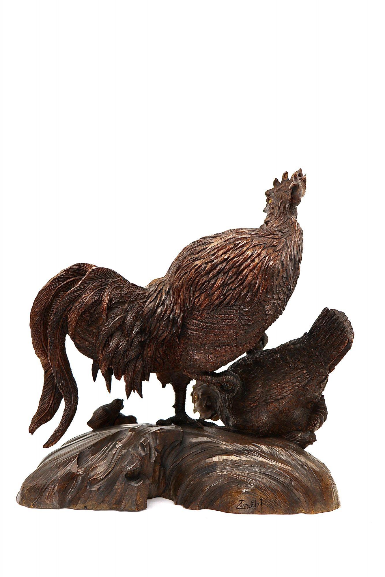 Carved 19th Cent Large Japanese Wood Okimono of a Bantam 'Rooster', Hen and Baby Chicks For Sale