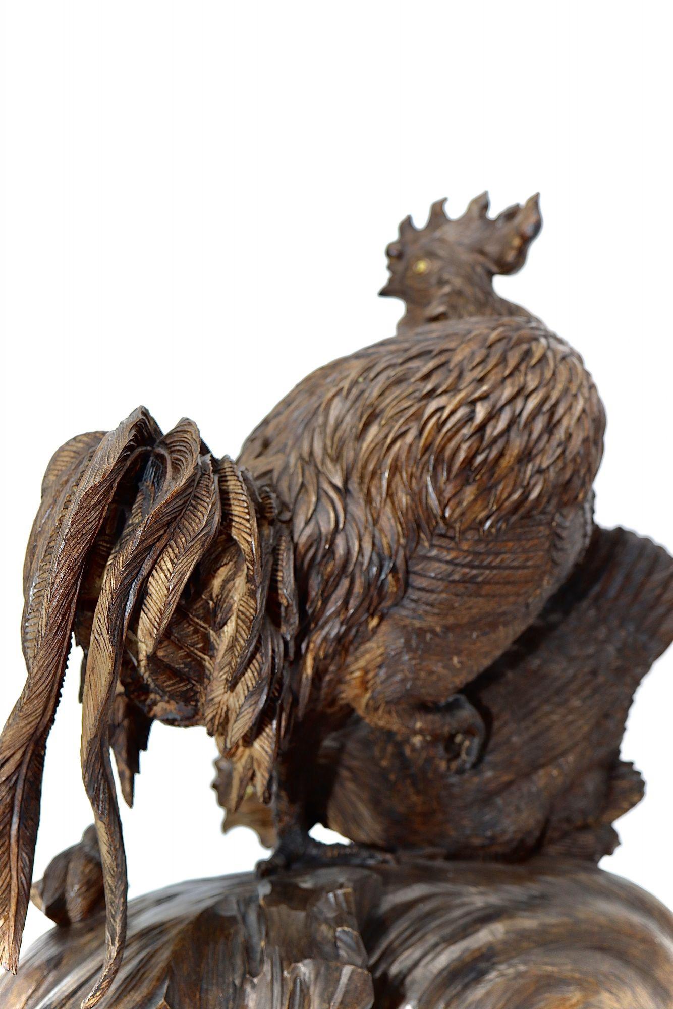 19th Century 19th Cent Large Japanese Wood Okimono of a Bantam 'Rooster', Hen and Baby Chicks For Sale