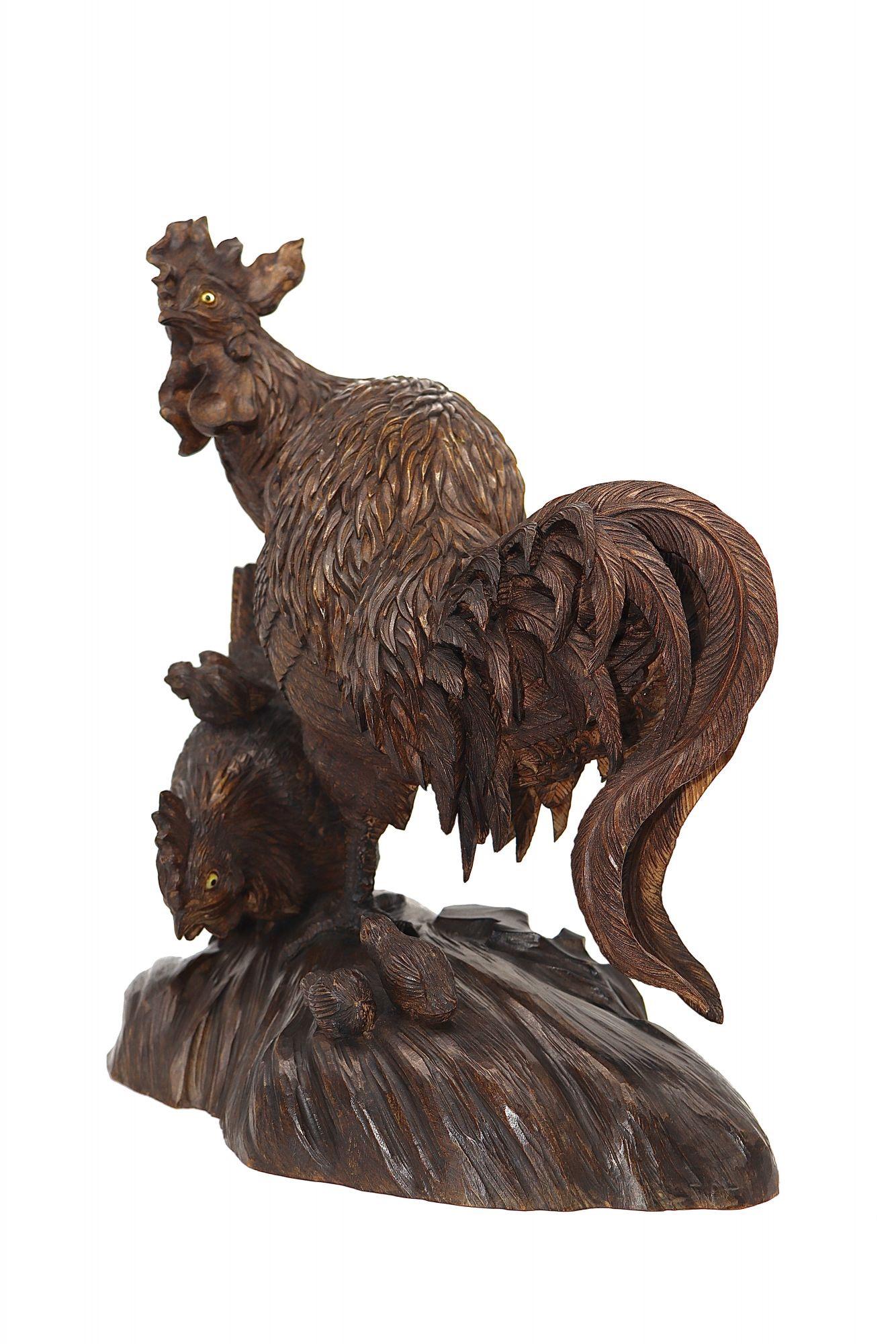 19th Cent Large Japanese Wood Okimono of a Bantam 'Rooster', Hen and Baby Chicks For Sale 1