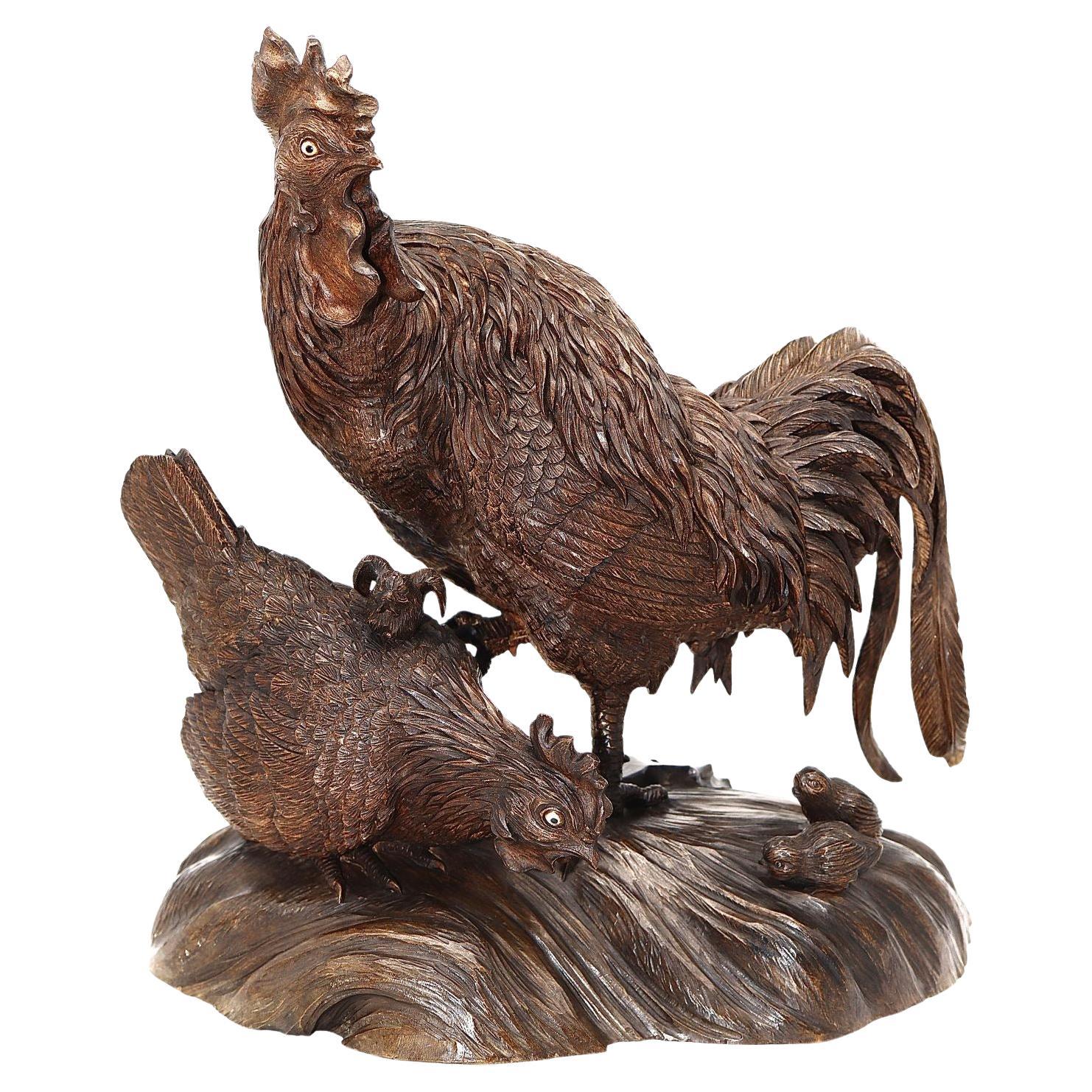 19th Cent Large Japanese Wood Okimono of a Bantam 'Rooster', Hen and Baby Chicks For Sale