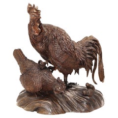 Antique Large Japanese Wood Okimono of a Bantam 'Rooster', Hen and Baby Chicks, 19th Cen