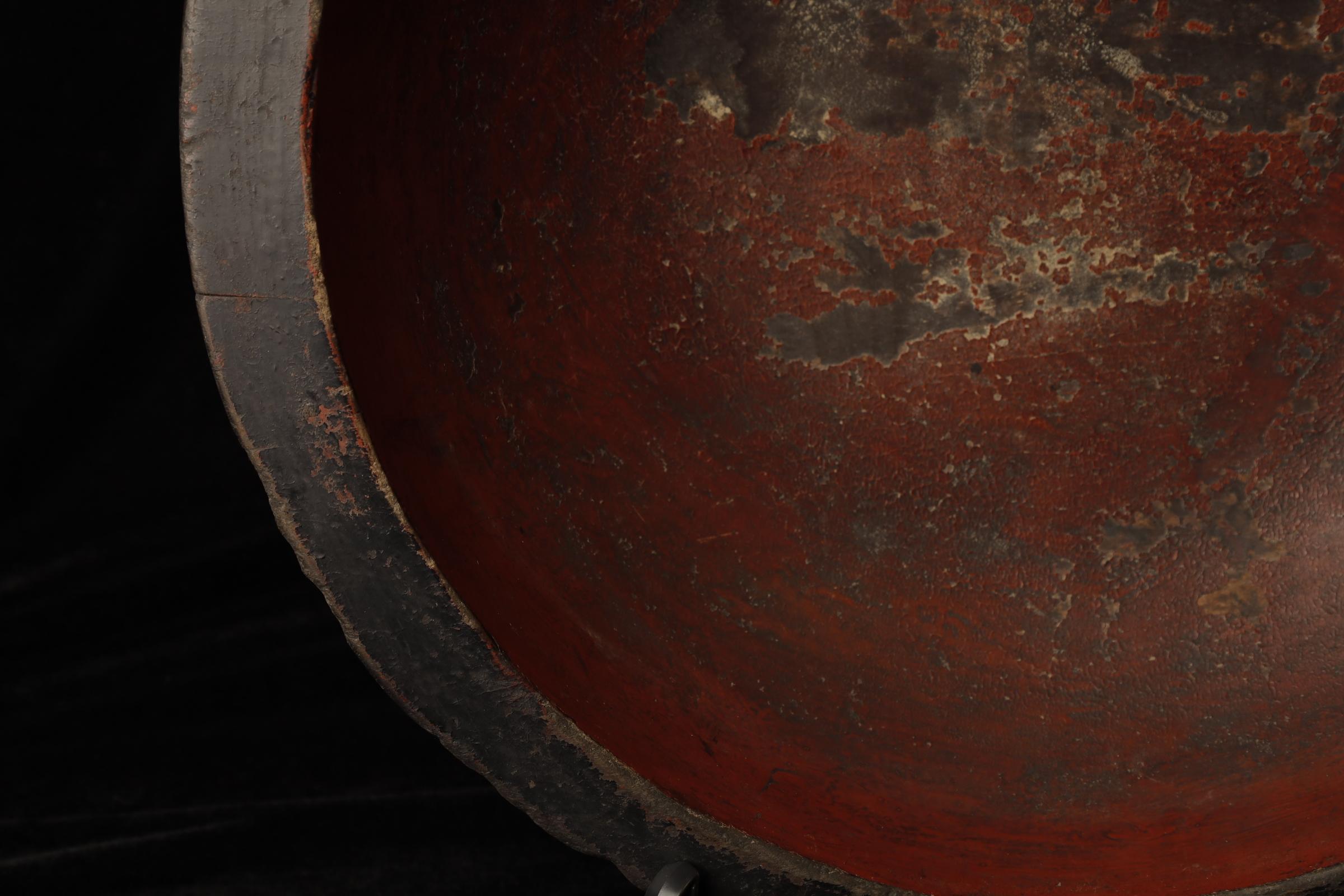 Large Japanese Wooden Kneading Bowl with Red Lacquer Interior 9