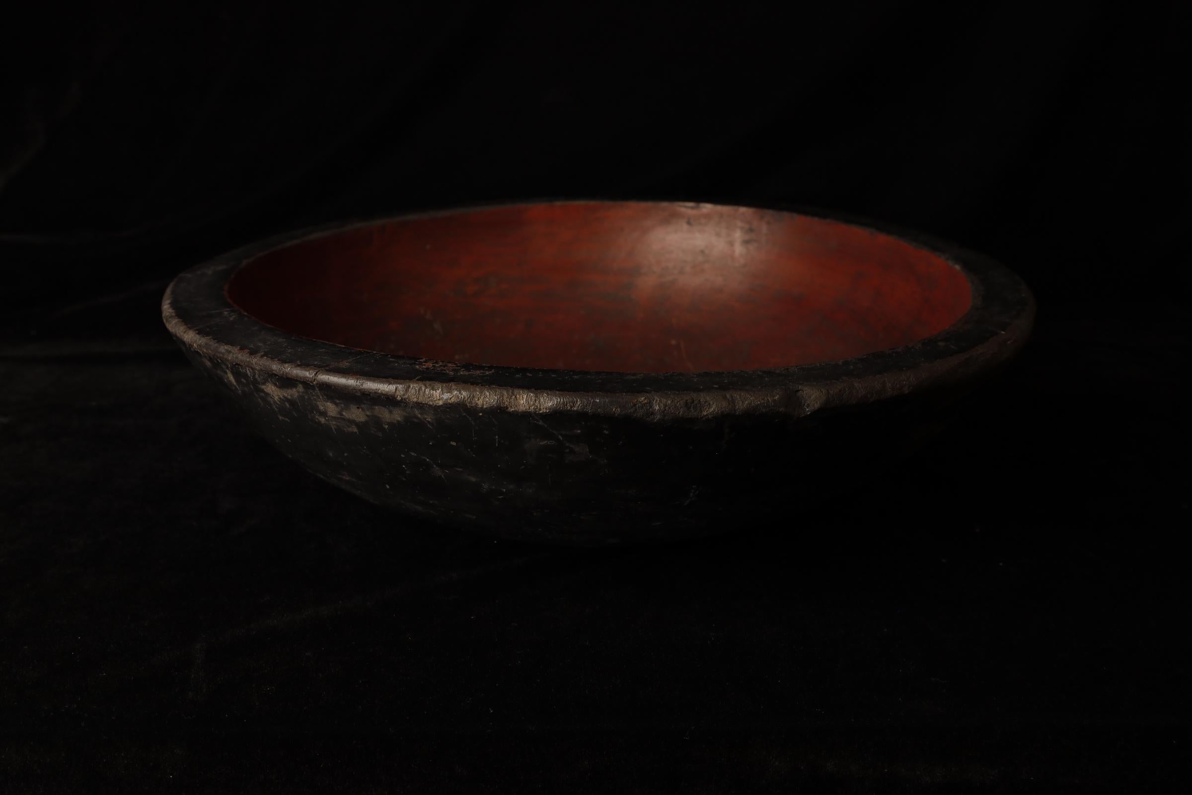 Showa Large Japanese Wooden Kneading Bowl with Red Lacquer Interior