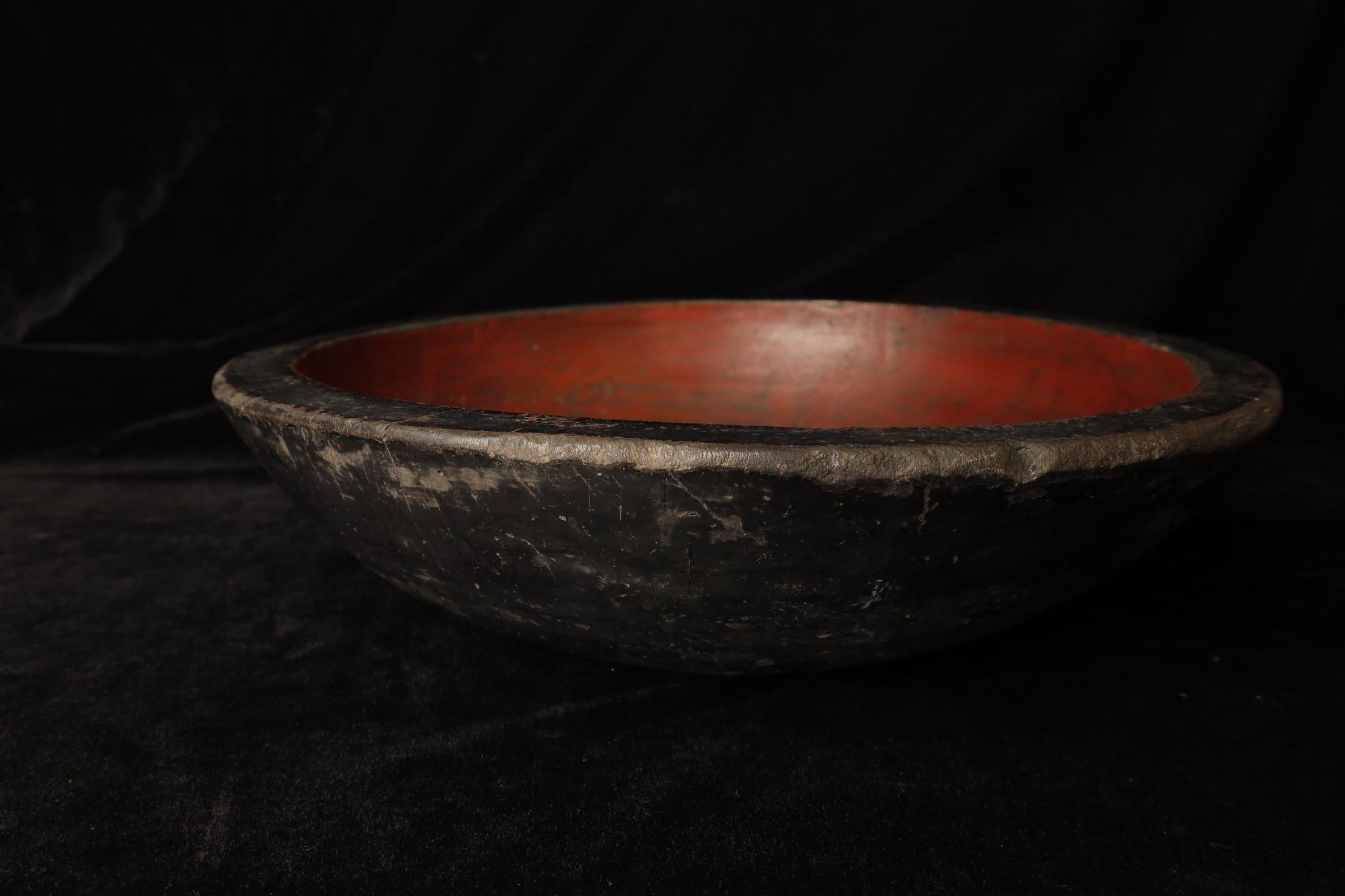 Hand-Carved Large Japanese Wooden Kneading Bowl with Red Lacquer Interior