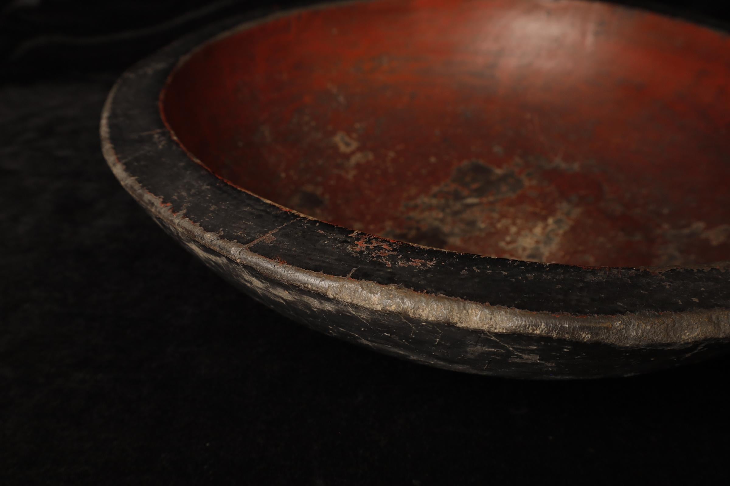 20th Century Large Japanese Wooden Kneading Bowl with Red Lacquer Interior