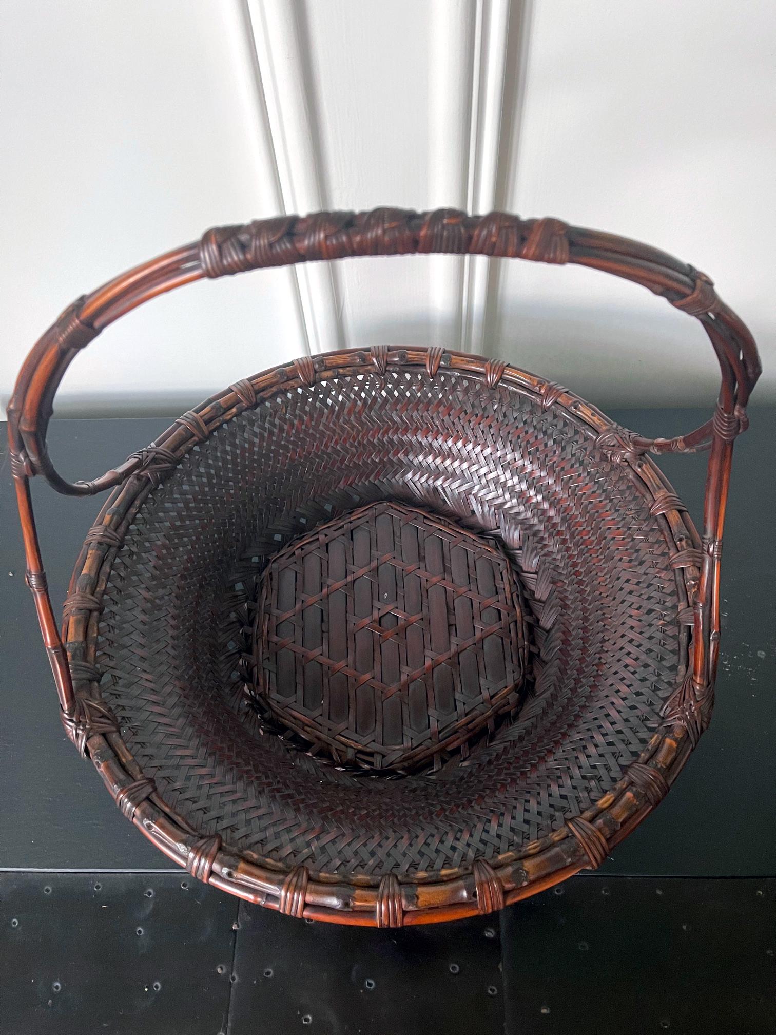 Copper Large Japanese Woven Bamboo Morikago Basket by Maeda Chikubosai I For Sale